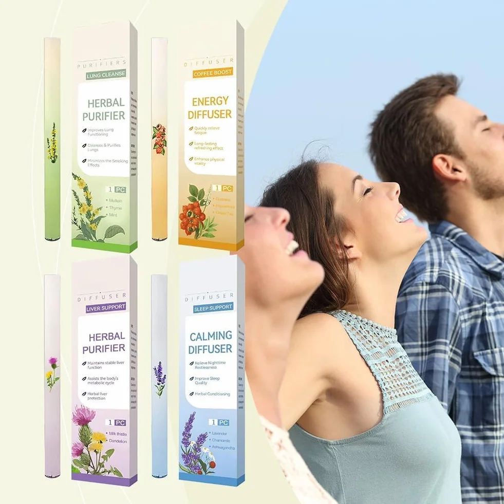 Zestaw 4 dyfuzorów z mieszanki ziół wellness, ulepszony dyfuzor ziołowy w sztyfcie z ekstraktami z dziewanny, tymianku/mięty, do oczyszczania płuc, poprawy oddychania i odświeżania powietrza 0ral, do