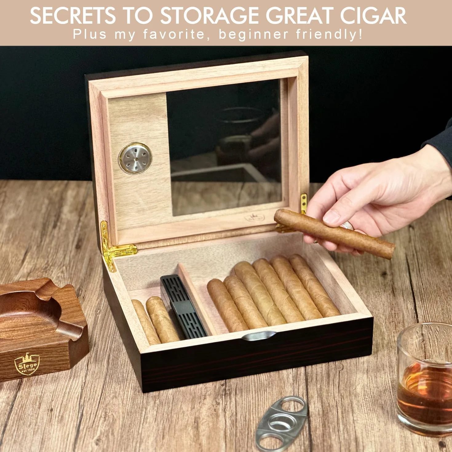 Slege Humidor cygara szklany górny nawilżacz hiszpańskie cedrowe cygara pojedyncza warstwa higrometr akcesoria