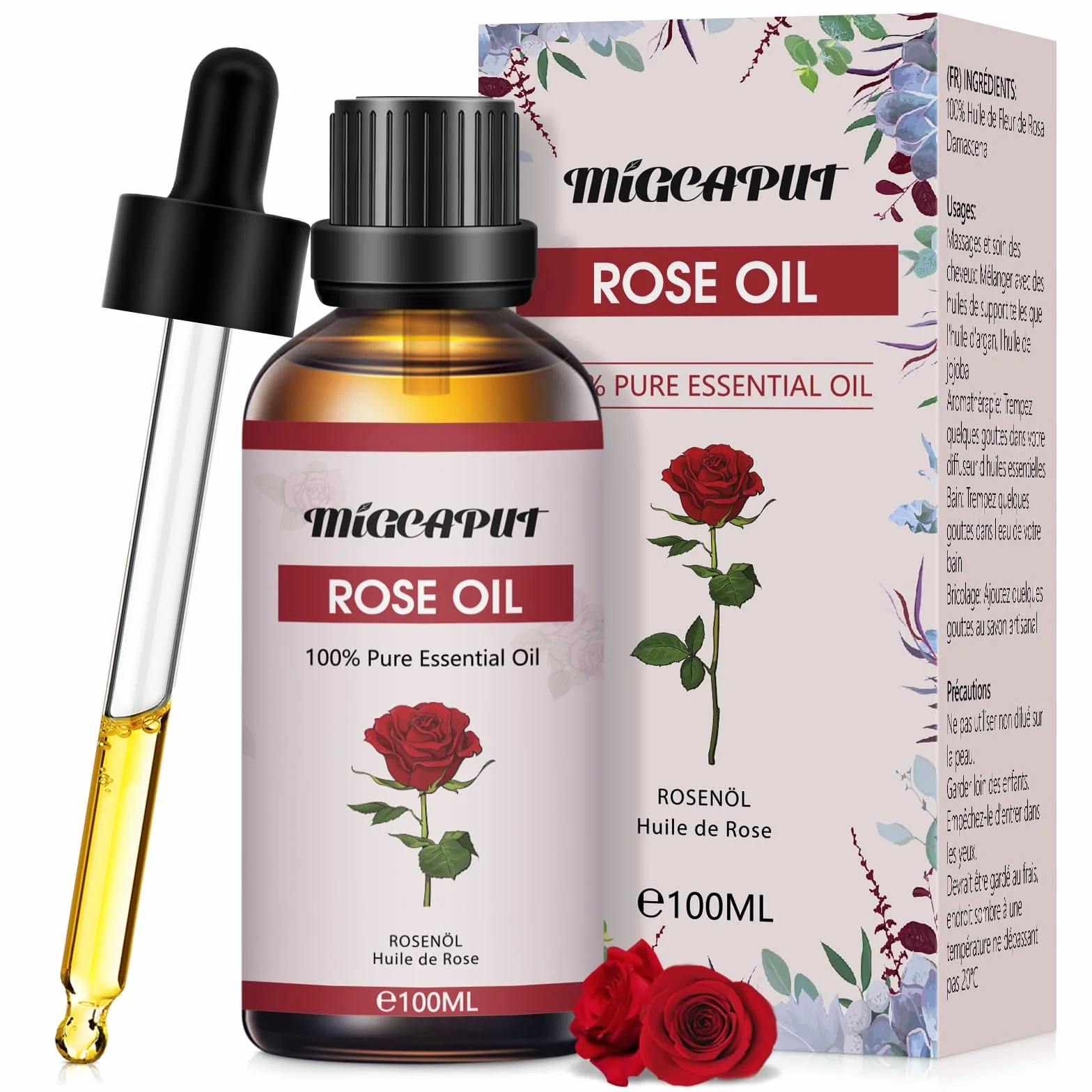 MIGCAPUT Olejek Eteryczny z Róży 100ML, 100% Naturalny Olejek Aromaterapeutyczny, Olejek Różany Klasy Terapeutycznej do Dyfuzora Nawilżacza, SPA, Masażu