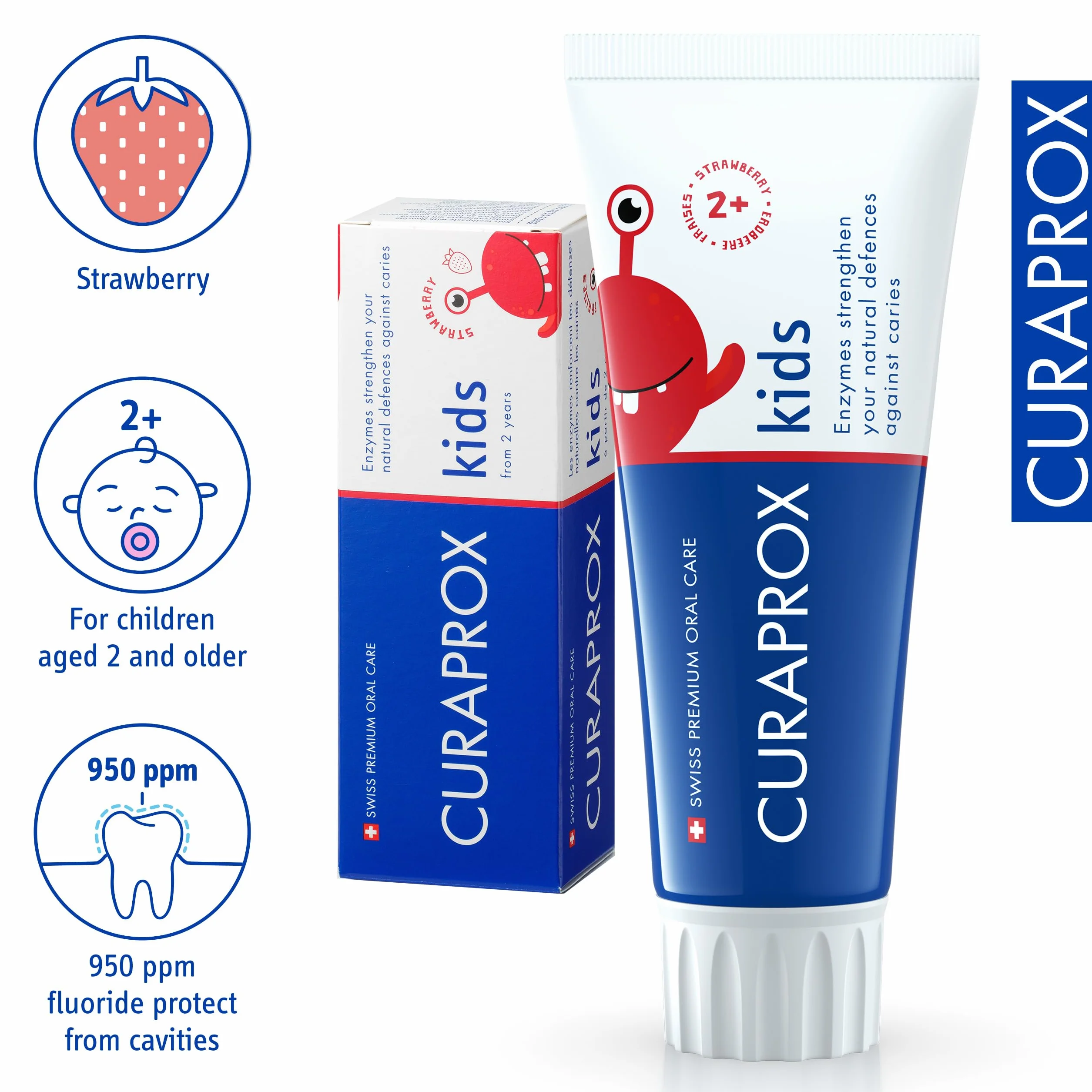 Curaprox kids Pasta do zębów – wiek 2+ / smak truskawkowy/chroni zęby mleczne fluorem 950 ppm/delikatna formuła / 60 ml/Made in Switzerland