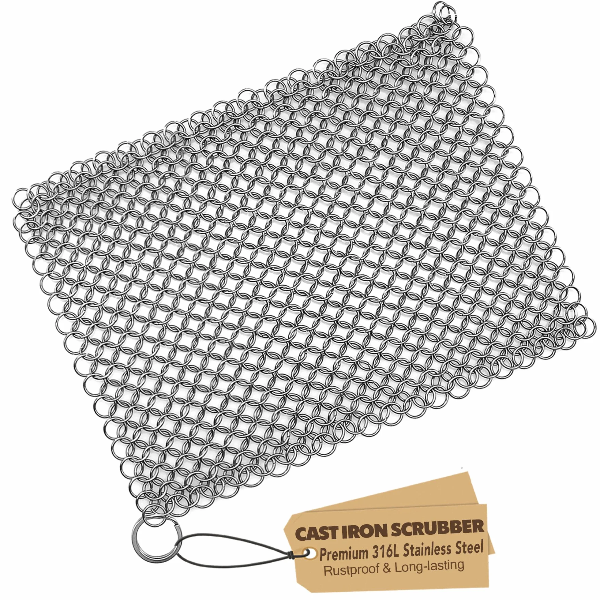 TOPULORS Żeliwna patelnia Chainmail szczotka do czyszczenia z pierścieniem wiszącym kwadrat 18x18 cm
