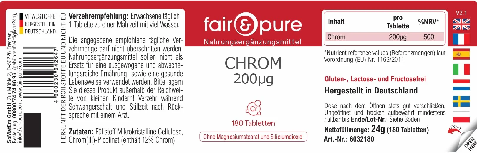 Tabletki chromu Fair & Pure 200 μg, 180 tabletek, wegański suplement diety bez dodatków, wyprodukowano w Niemczech