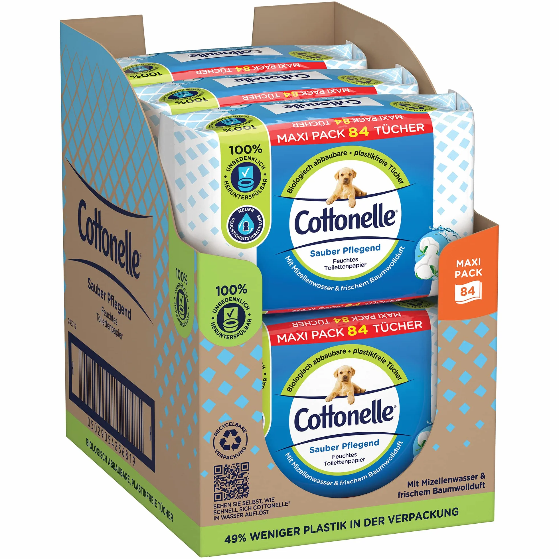 Cottonelle Wilgotny papier toaletowy, czysty, pielęgnacyjny, woda micelarna i zapach bawełny, opakowanie maksimum, 6 x 84 ściereczki toaletowe