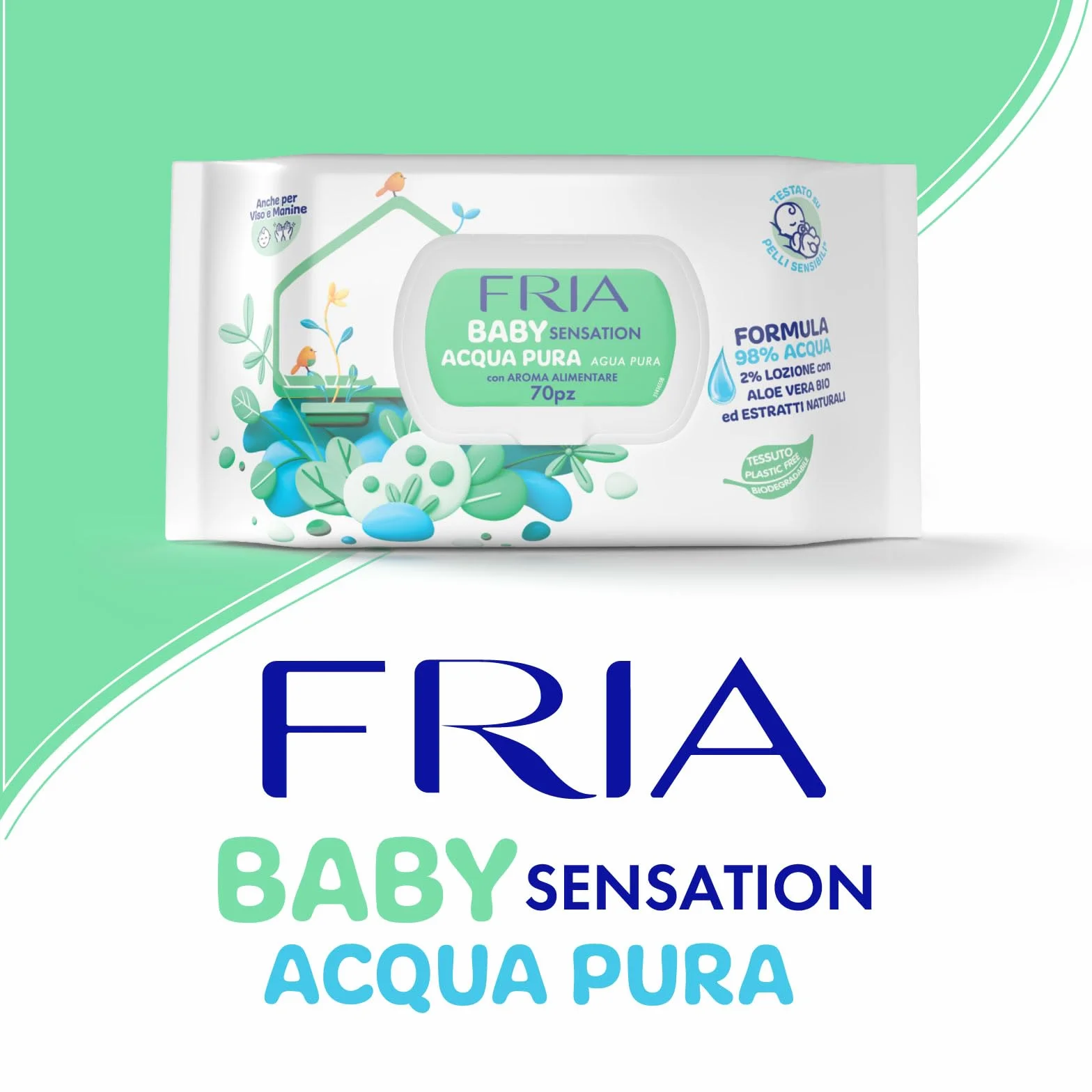 Fria Baby Sensation czysta woda Chusteczki do zmiany pieluch, formuła z 98% oczyszczoną wodą o działaniu oczyszczającym skórę, testowane dermatologicznie, 70 chusteczek