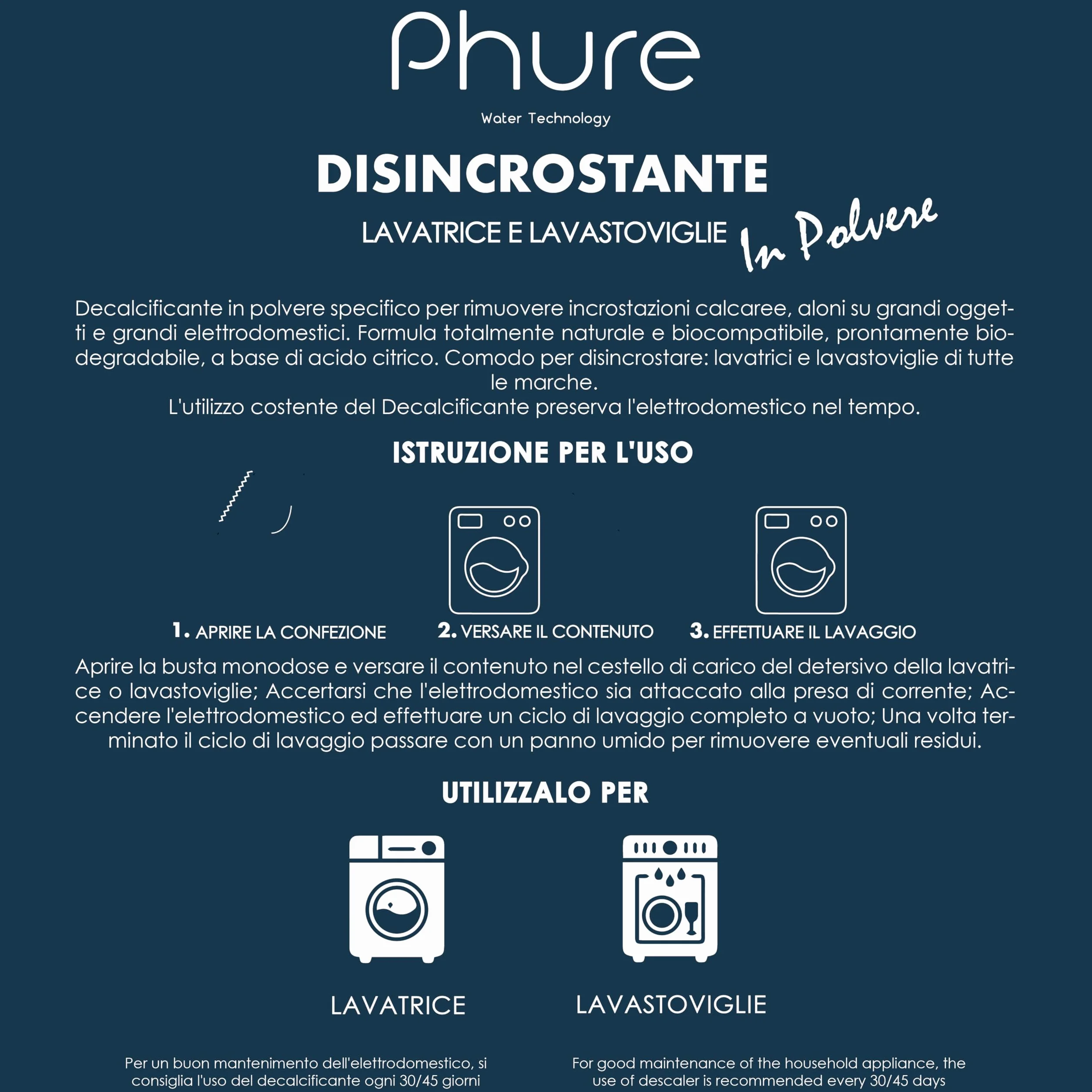 PHURE Odkamieniacz w proszku do prania w pralce, zmywarki i dużych urządzeń, kompatybilny ze wszystkimi markami, w 100% biodegradowalny, wyprodukowany we Włoszech