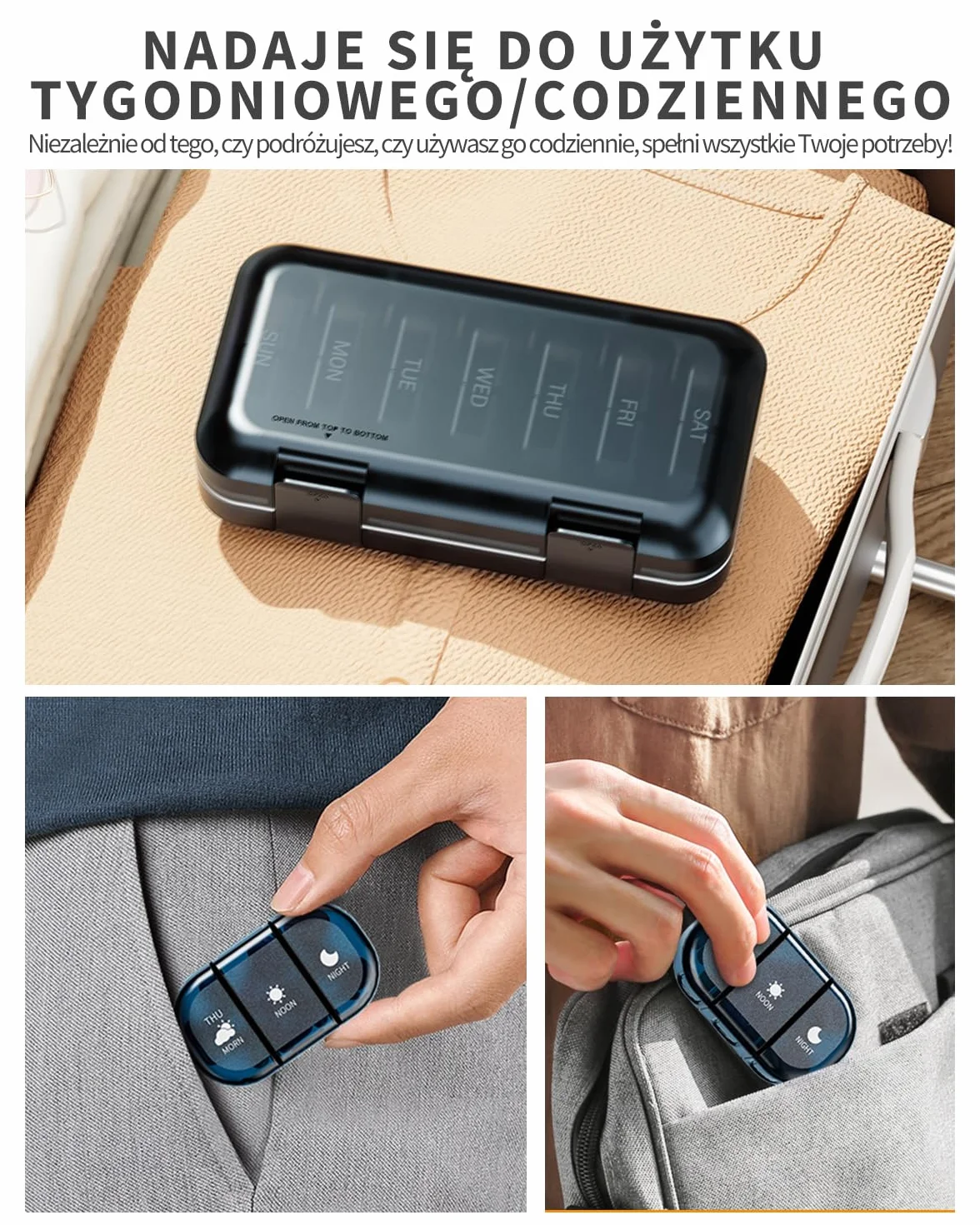 ONTERATE Tygodniowy Organizer na Tabletki 3 Razy Dziennie, Przenośne Pudełko na Leki na 7 Dni, Wodoodporne Etui na Tabletki, 21 Przegródek, Podróżny Pudełko na Leki z Witaminami (Niebieski)