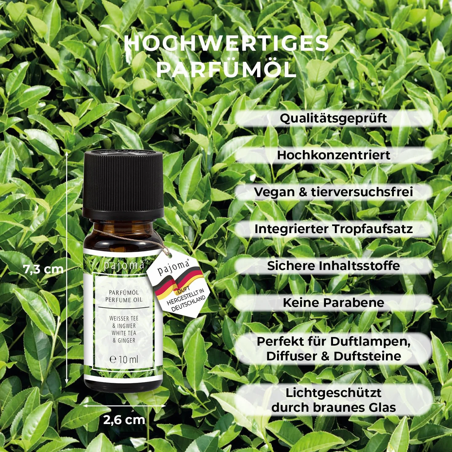 pajoma® Olejek zapachowy 10 ml, biała herbata i imbir | najlepsze olejki perfumowane do aromaterapii, lampy zapachowej, dyfuzora zapachowego, masażu, kosmetyków naturalnych | jakość premium