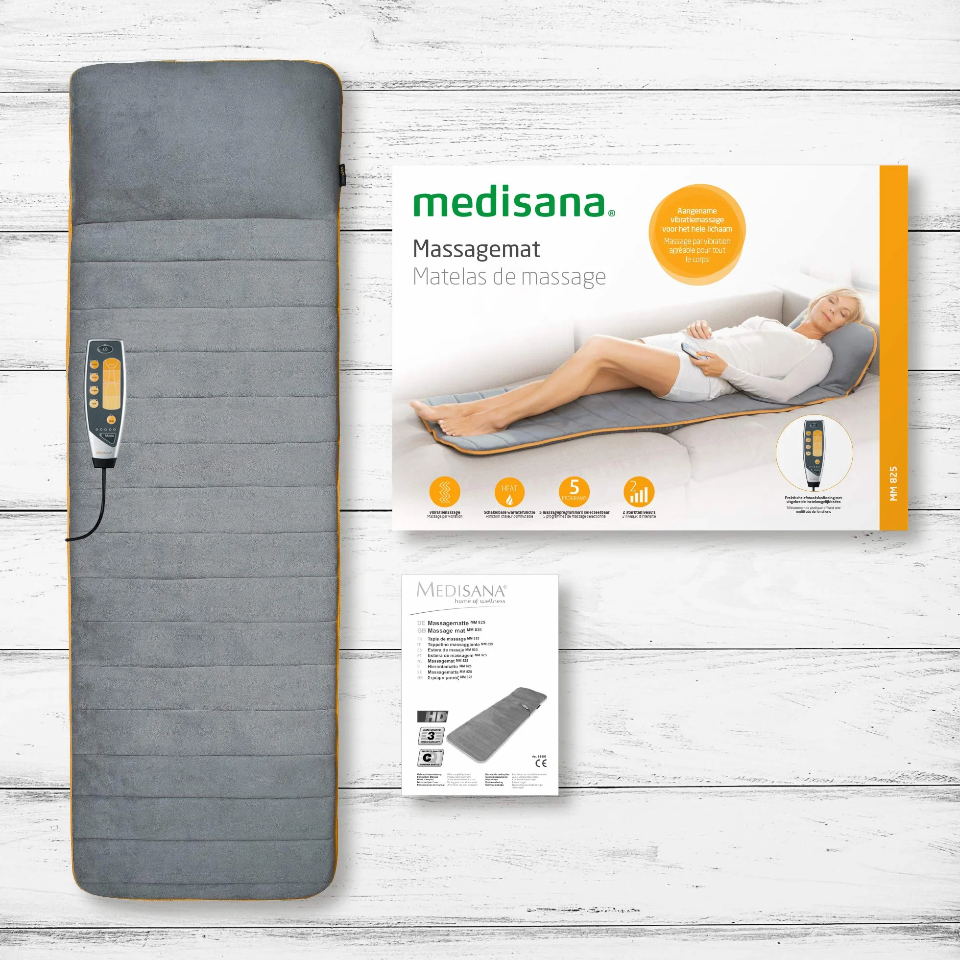 medisana MM 825 elektryczna mata do masażu, całe ciało, 5 programov, 4 strefy masażu, funkcja ciepła, podkładka do masażu z pokrowcem polarowym, łóżko do masażu o 2 intensywnościach na plecy, szyję i głowę, jasnoszary