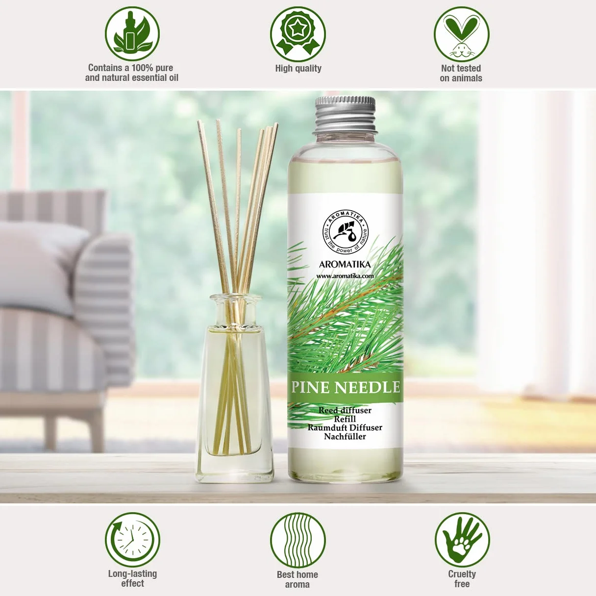AROMATIKA Wkład do Dyfuzora Trzcinowego Sosna 200 ml Świeży i Długotrwały Zapach Dyfuzor Zapachowy z Patyczkami Olejek z Igieł Sosny Aromaterapia Dom Biuro Odświeżacz Powietrza