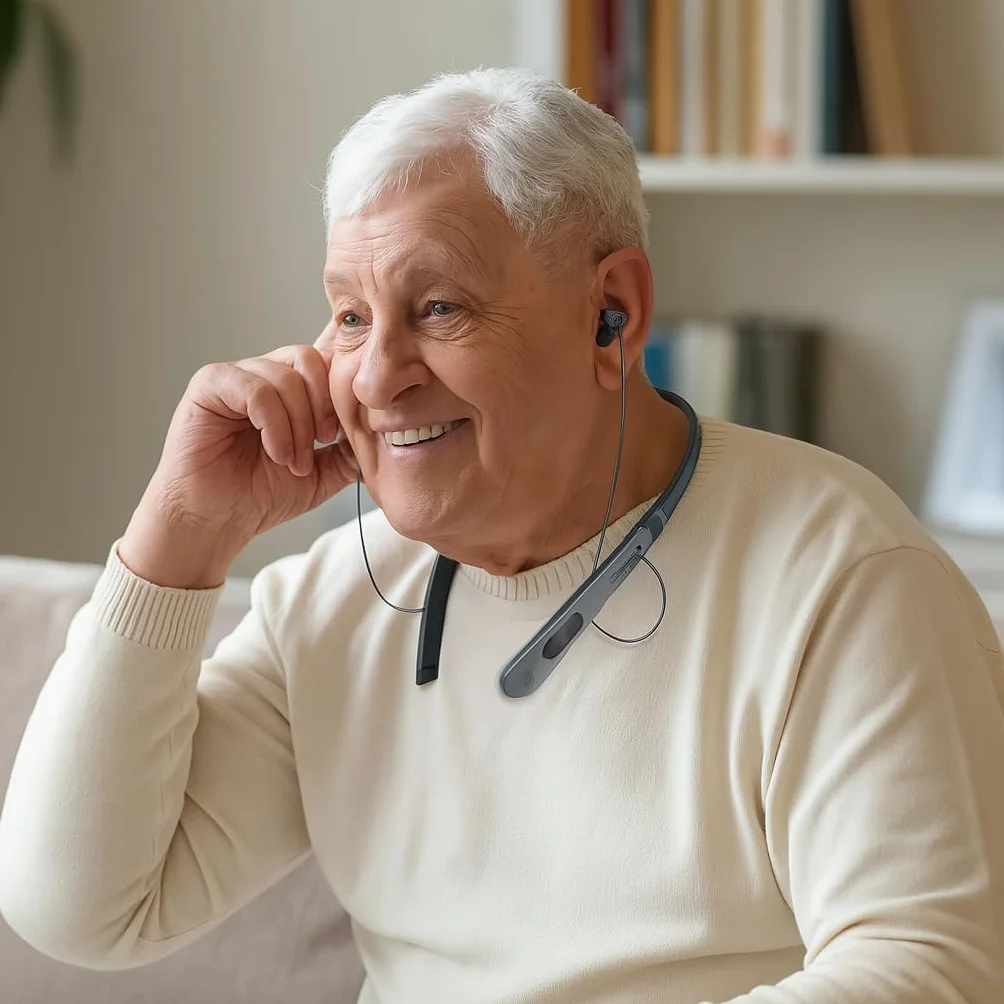 PROFI Profesjonalny wzmacniacz słuchu, pałąk na szyję i słuchawki Bluetooth w jednym, wzmacniacz dźwięku otoczenia - słyszenie głośniej, idealny dla seniorów lub niedosłyszących