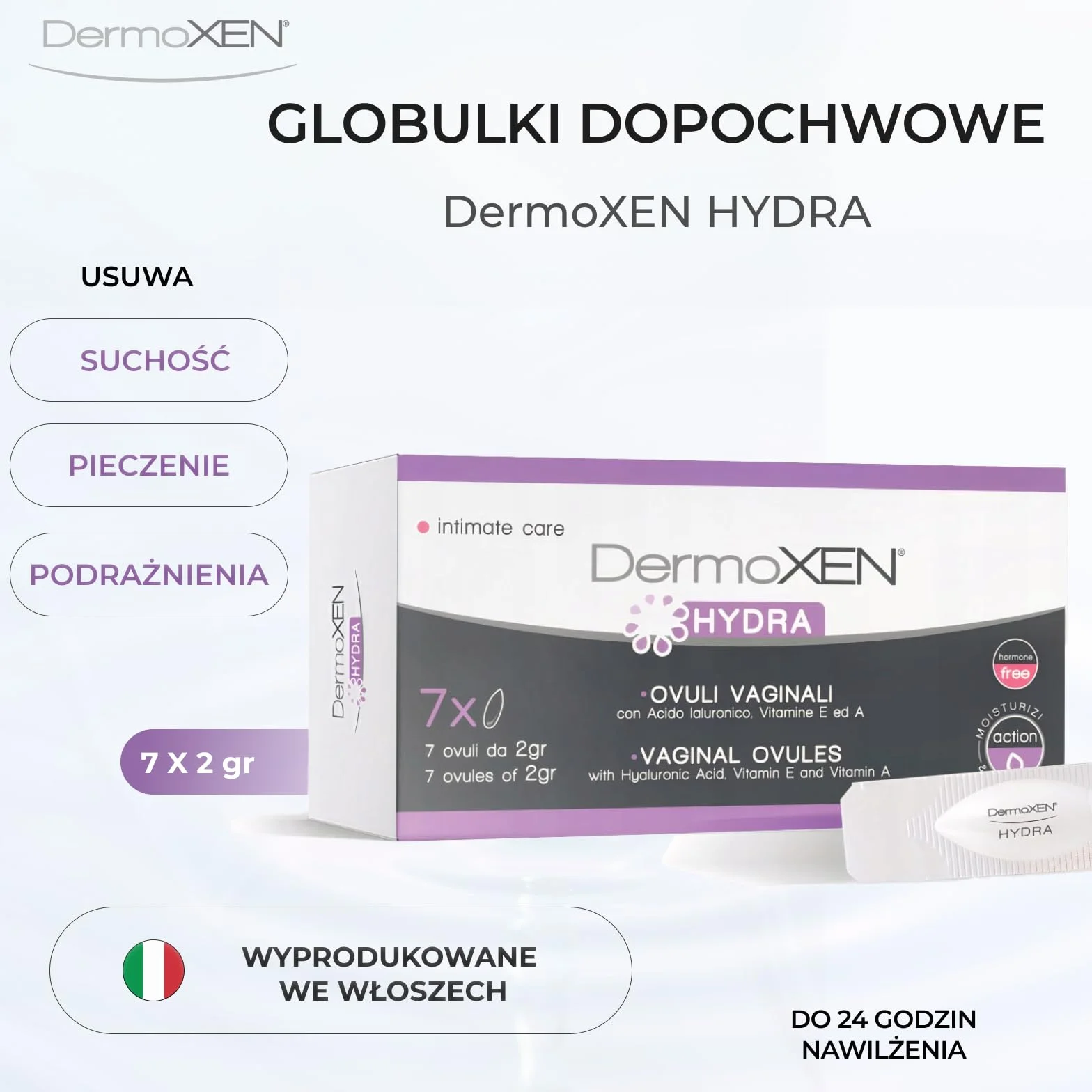 DermoXEN Hydra Globulki dopochwowe z kwasem hialuronowym i aloesem | Nawilżenie pochwy | Naturalna pielęgnacja intymna | Bez hormonów | Suchość pochwy | 7 globulek