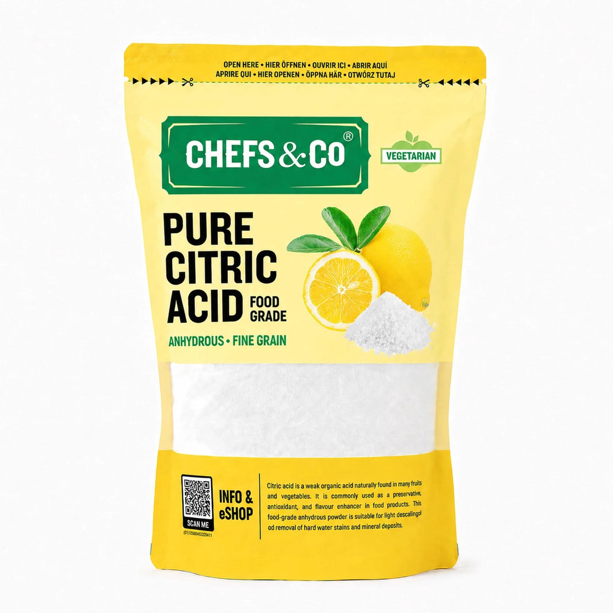 CHEFS & CO czysty kwas cytrynowy -1 kg | proszek | bezwodny | 100% czyste kryształy klasy spożywczej | bez GMO | Jakość premium | wegański | bezglutenowy |