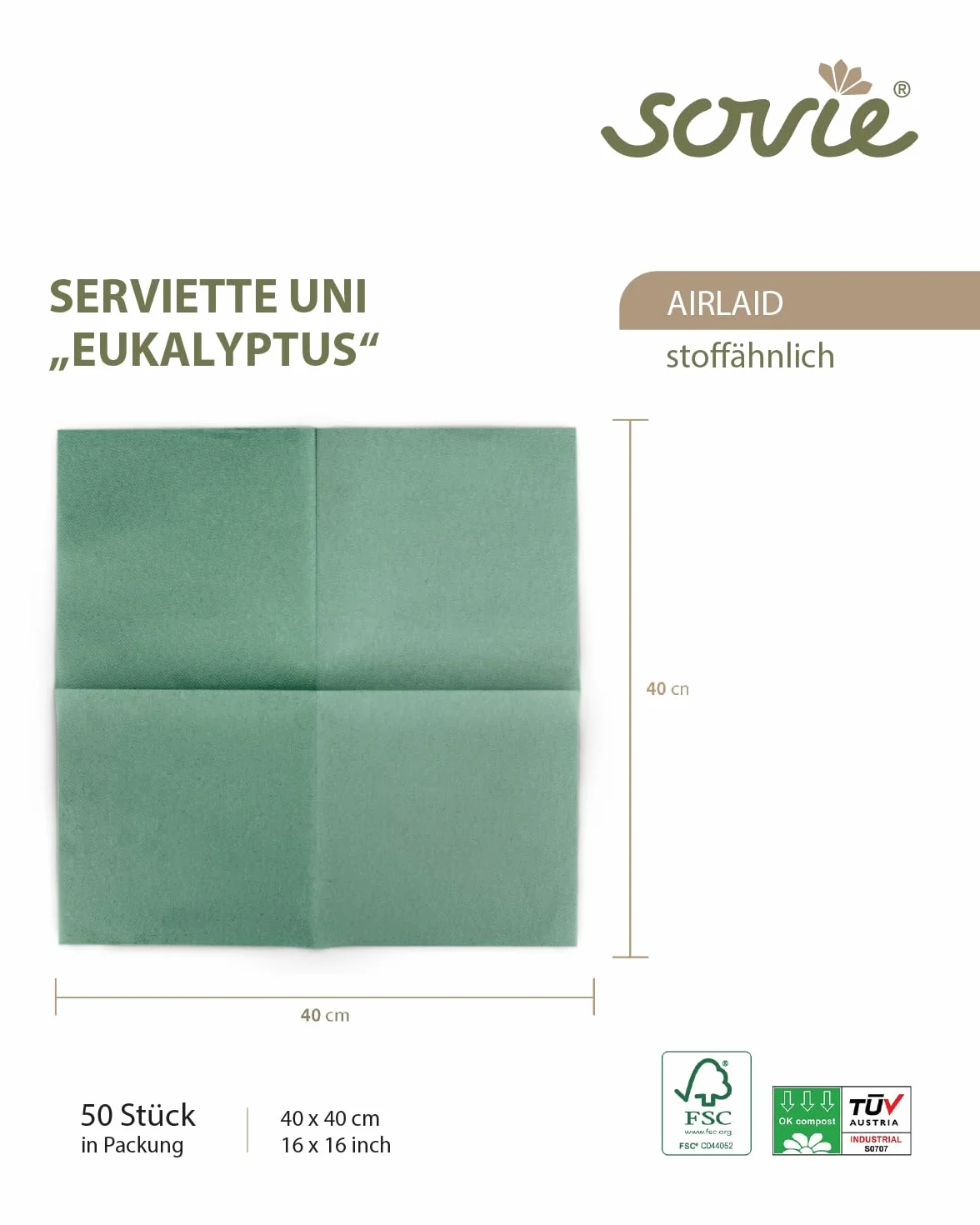 Sovie HORECA Serwetki EUKALYPTUS z Linclass Airlaid, 40 x 40 cm, składane 1/4, 50 sztuk, wysokiej jakości serwetki jednorazowe do gastronomii, hotelu, cateringu i elegancka dekoracja stołu