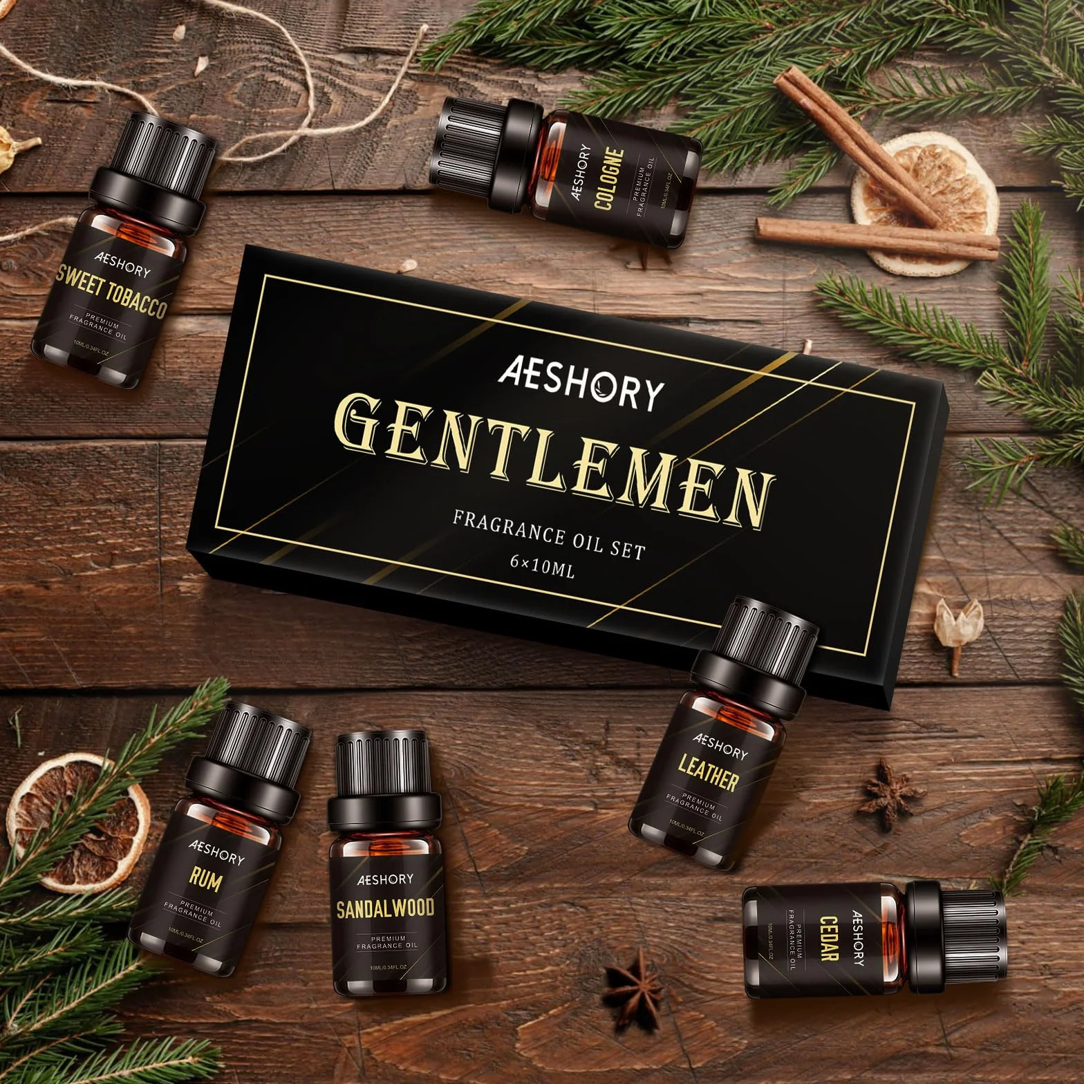 Aeshory 6x10ml Olejki Eteryczne Dla Mężczyzn, Zestaw Naturalnych Olejków Zapachowych Do Dyfuzora, Do Wyrobu Świec – Drzewo Sandałowe, Cedr, Skóra, Słodki Tytoń, Rum Laurowy, Woda Kolońska