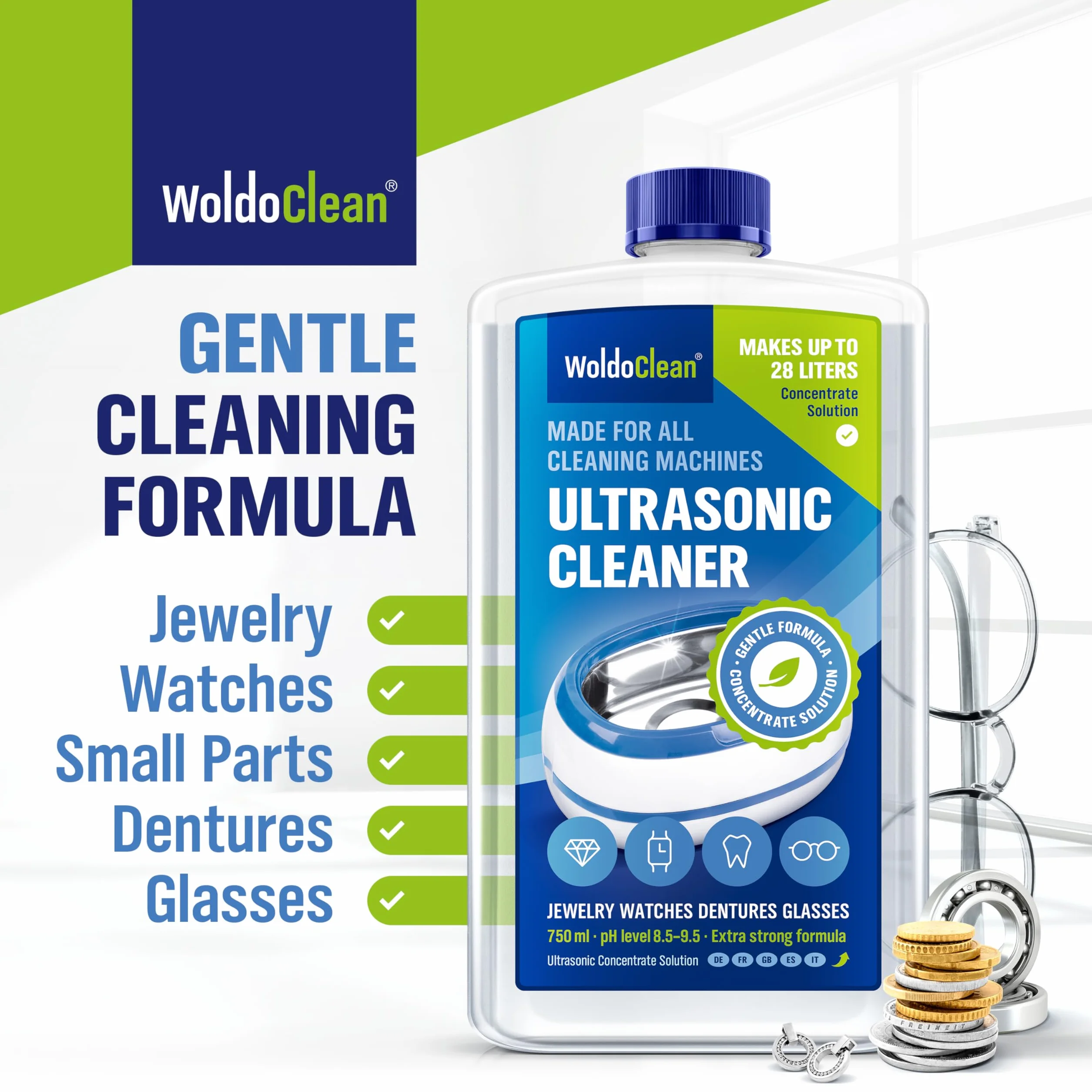 WoldoClean Koncentrat do Myjek Ultradźwiękowych 750ml - Płyn Bezalkoholowy do Okularów, Biżuterii, Protez, Monet & Gaźników