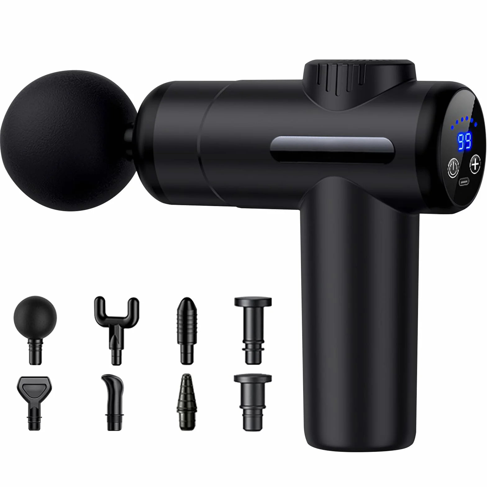 Pistolet do Masażu Mięśni z 99 Regulowanymi Prędkościami, 8 Głowicami, Ekranem LCD, Ładowanie USB