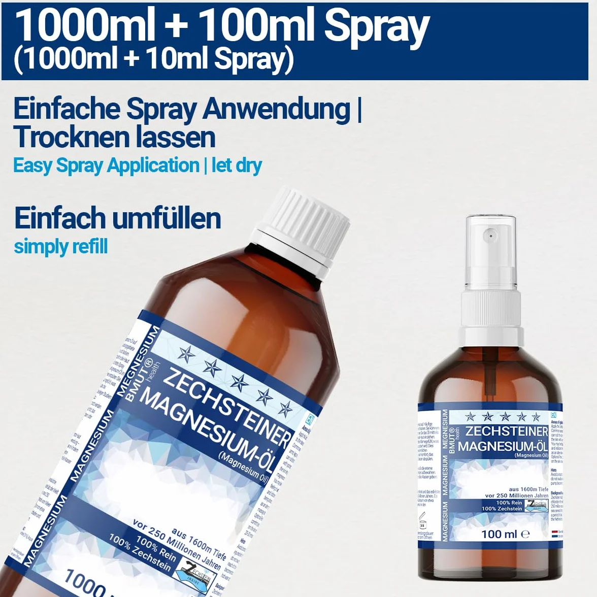 1000 ml oleju magnezowego + 100 ml spray Premium Set | 100% kamień zechstein | do masażu skóry, uprawiania sportu i relaksu mięśni | butelka z rozpylaczem z olejkiem magnezowym
