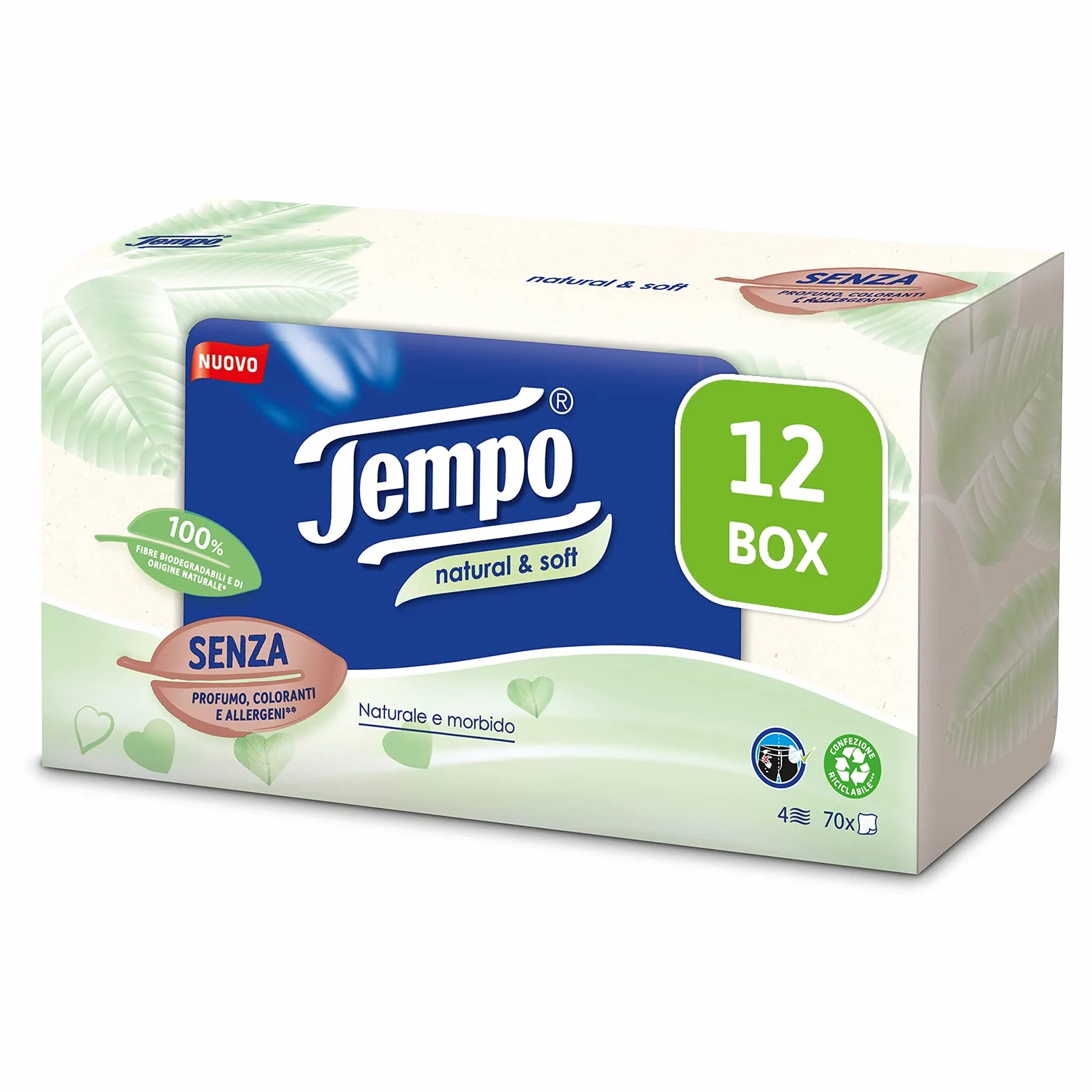 Tempo Chusteczki Papierowe Naturalne i Miękkie, 4 Zasłony, 12 opakowań po 70 sztuk
