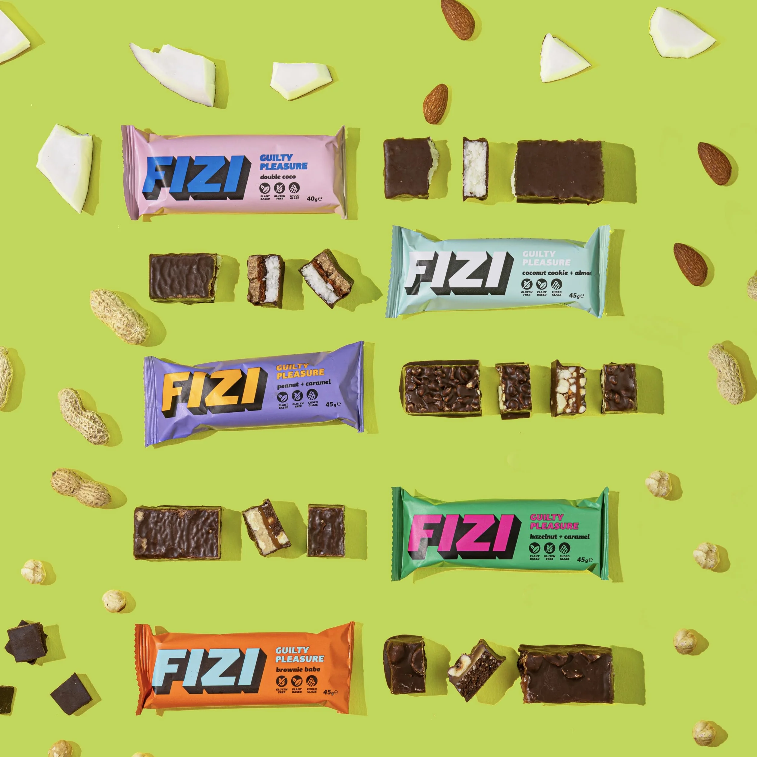 FIZI Czekoladowe Batony Wegańskie Zestaw mieszany, Batony Na bazie roślin, W czekoladowej polewie, Bez rafinowanego cukru, Bez glutenu, Bez GMO, Bez laktozy
