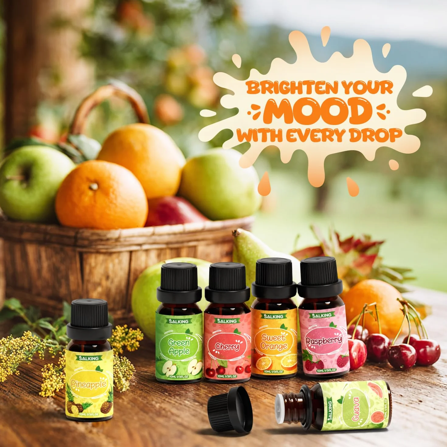 SALKING Zestaw olejków eterycznych z owoców, 6 x 10 ml, 100% aromaterapii, zestaw prezentowy do dyfuzora, nawilżacza powietrza, masażu, wiśni, ananasa, malin, słodkiej pomarańczy, guawy, zielonego