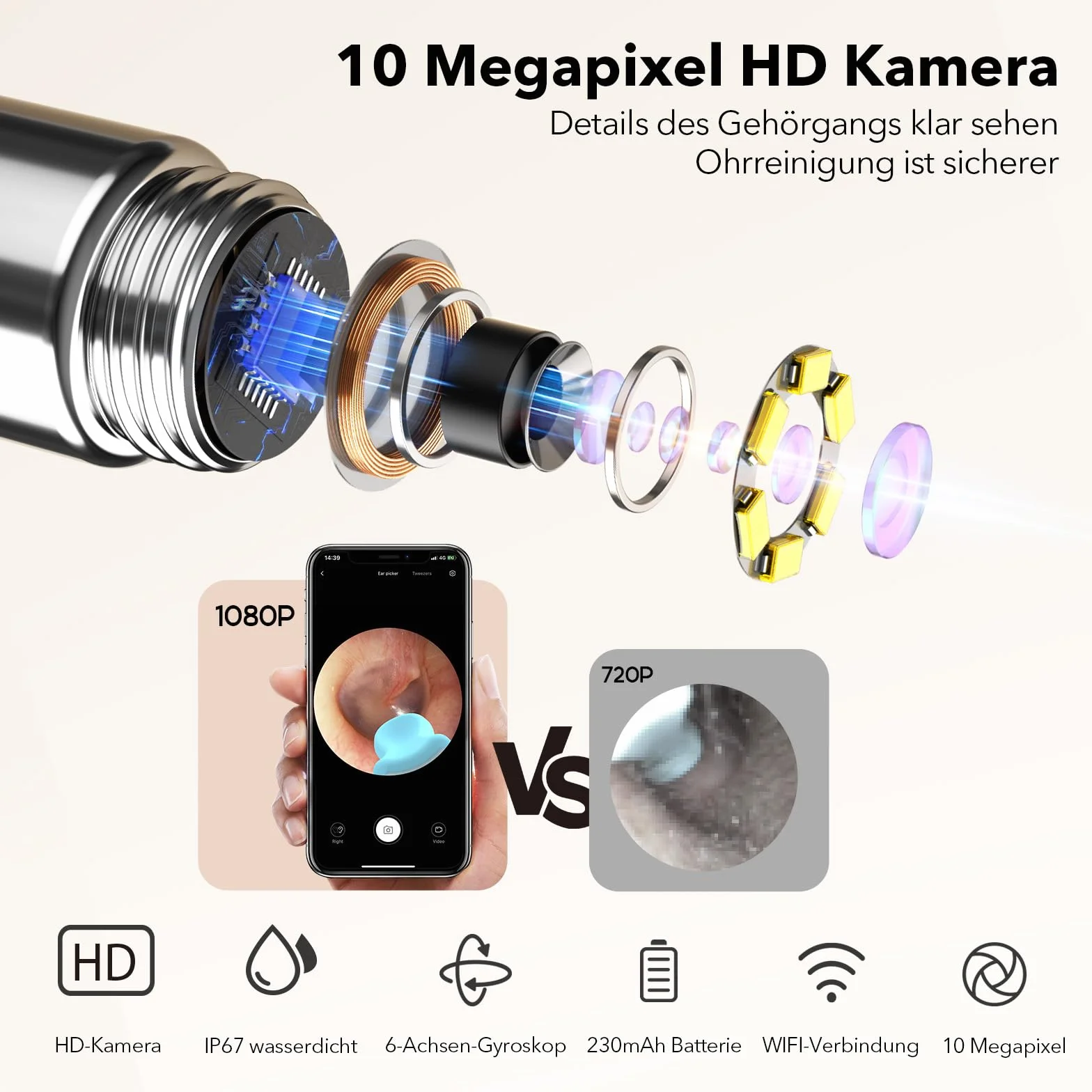 Otoskop: Otoscope do usuwania woskowiny z 1080P HD Camara, 3.5mm Inteligentny środek do czyszczenia uszu, Wodoodporna kamera do uszu IP67 z 6 diodami LED, odpowiedni dla iPad, iOS, Android