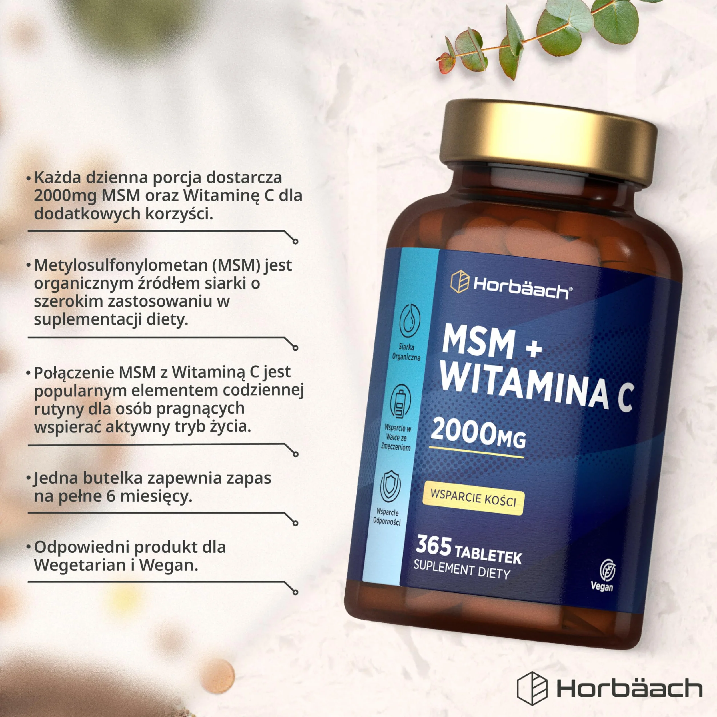 MSM Suplement 2000mg z Witaminą C | Wysoka dawka Metylosulfonylometanu (MSM) z Wit. C | 365 Wegańskich Tabletek | Firma Horbaach