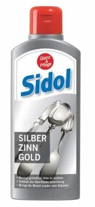 SIDOL srebrny cyna złoty 250 ml dokładnie czyści naczynia stołowe, sztućce, biżuterię, dzbanki cyny, figurki cyny, powierzchnie chromowane i wiele innych bez zadrapań