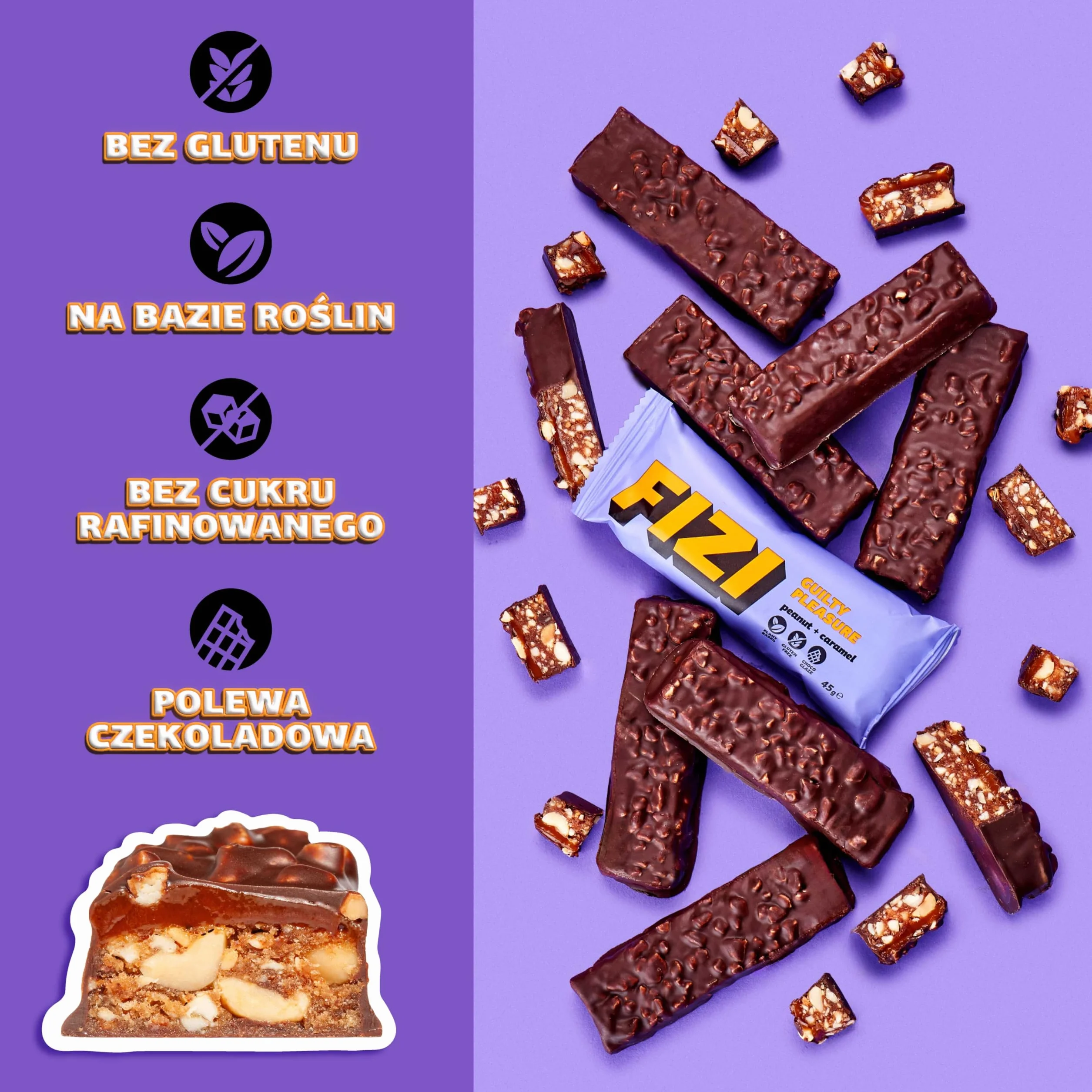 FIZI Czekoladowe Batony Wegańskie Orzech Ziemny i Karmel, Baton na bazie roślin, w czekoladowej polewie, Bez rafinowanego cukru, Bez glutenu, Bez GMO, Bez laktozy, Idealna przekąska w podróży (10x45g)