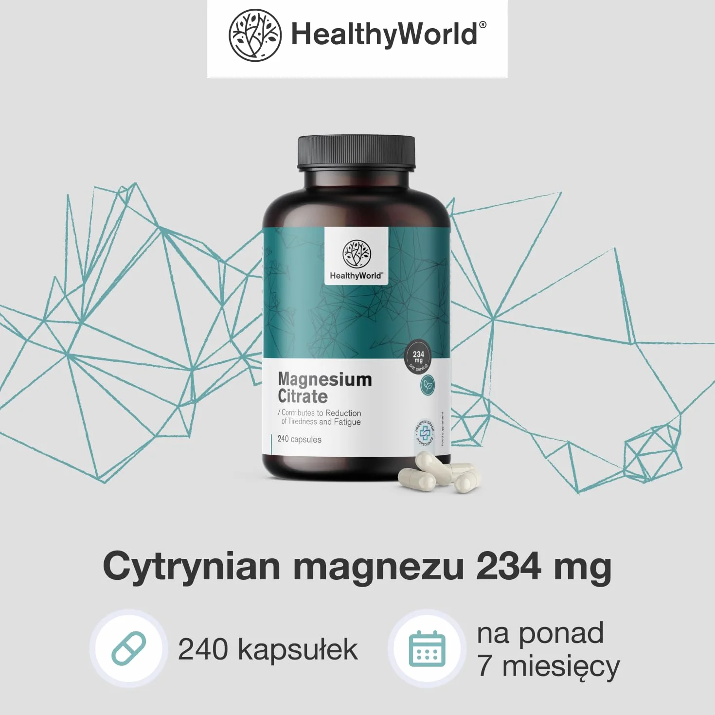 HealthyWorld Cytrynian magnezu 234 mg - 240 Kapsułek Roślinnych - Na ponad 7 Miesięcy - 480 mg Cytrynianu Magnezu i 270 mg Tlenku Magnezu - Na Wsparcie Mięśni i Wzrost Energii
