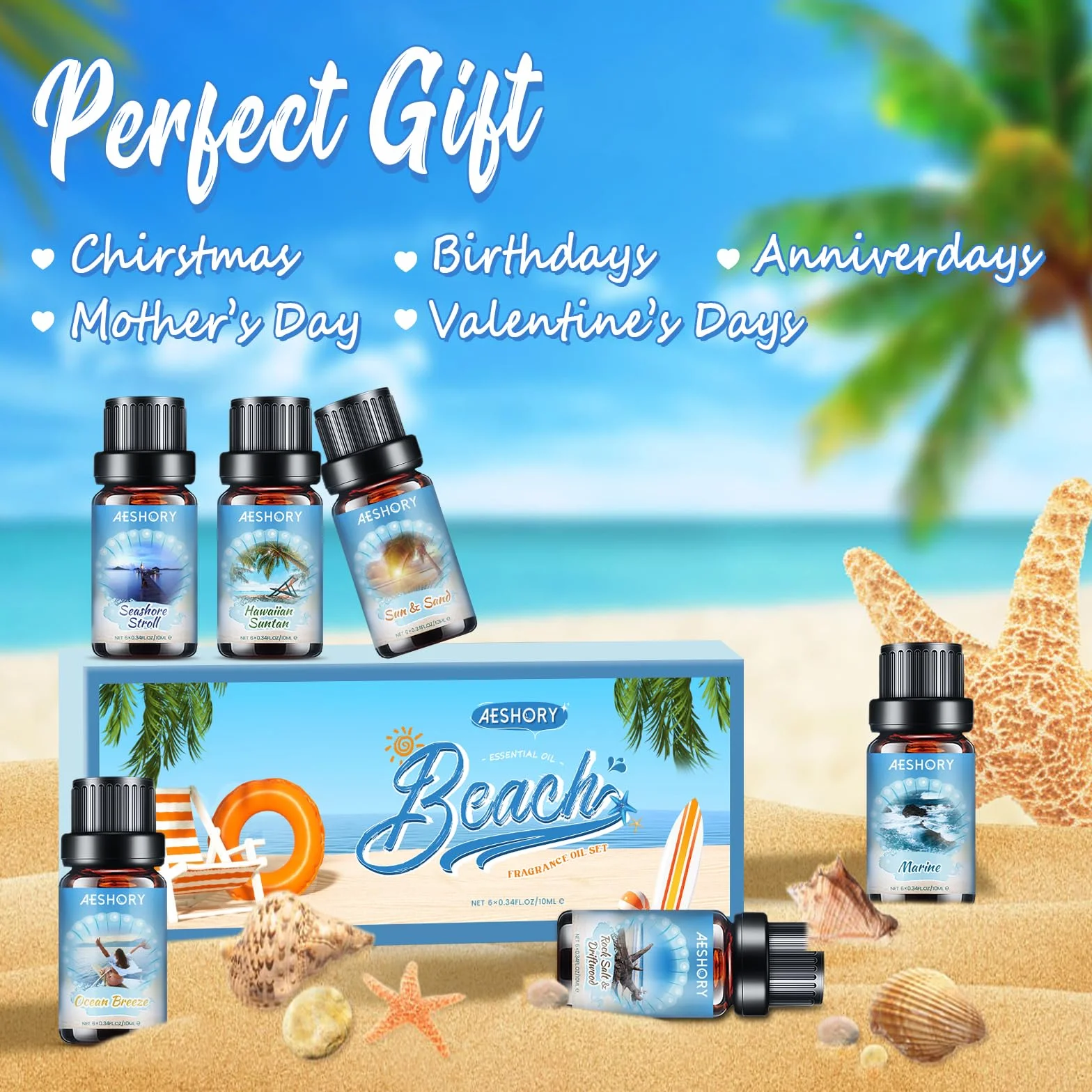 AESHORY Zestaw olejków eterycznych Beach 6 x 10 ml, Olejek zapachowy Summer Aroma Oil do dyfuzora - Hawaiian Suntan, Walk by the Sea, Sea Breeze, Sun & Sand, Rock Salt & Driftwood, Morze