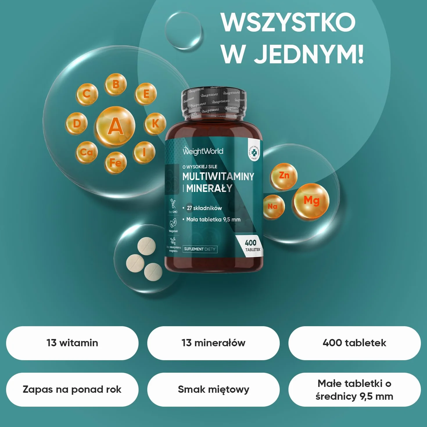 Multiwitaminy i Minerały, 400 Wegańskich Tabletek, Zestaw 27 Składników – Witamina C, Witamina B, D, E, Magnez, Cynk, Wapń, Żelazo i więcej, Zapas na ponad rok, Pyszny smak miętowy