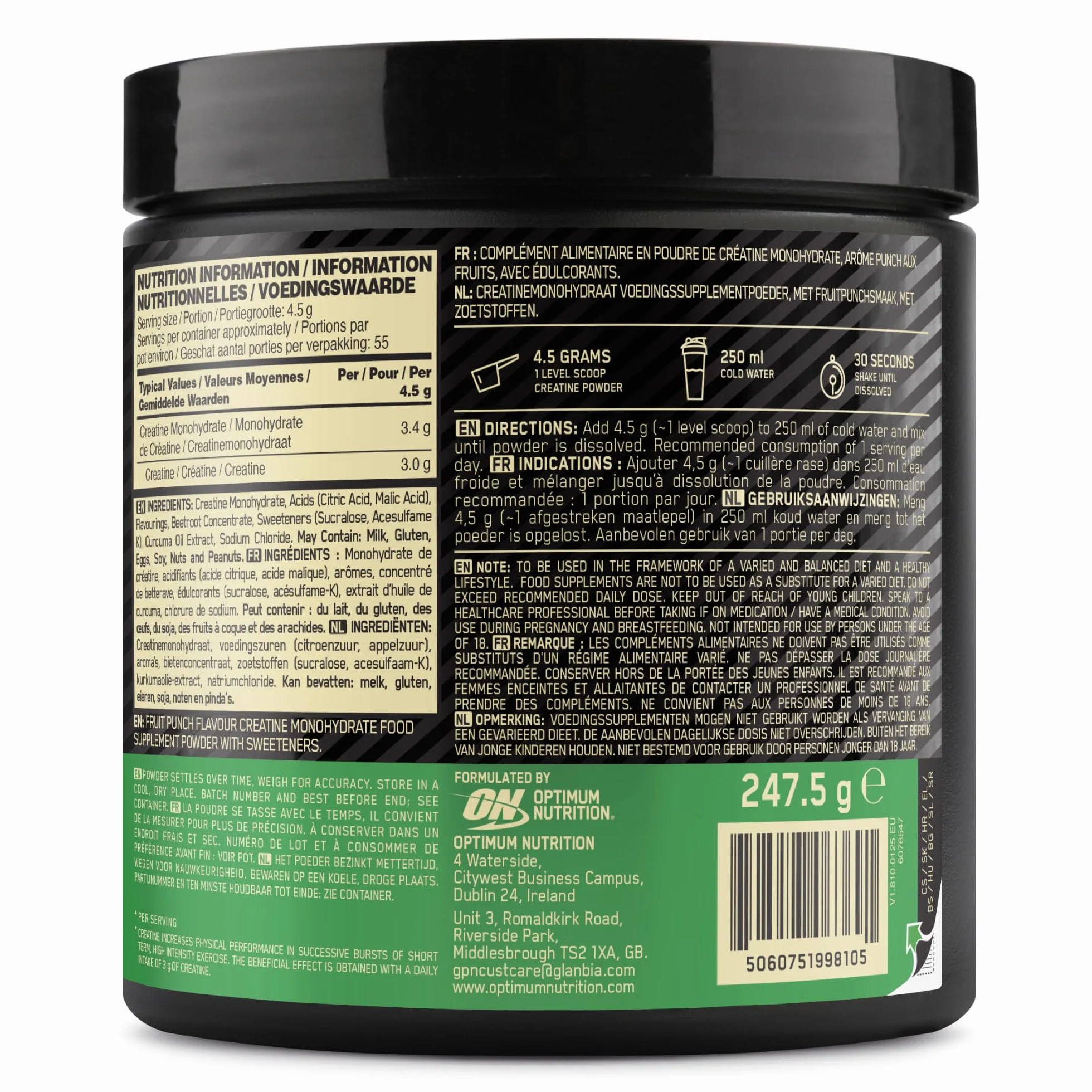 Optimum Nutrition Mikronizowana Kreatyna w Proszku, Poncz Owocowy, 247.5g, 55 Porcji