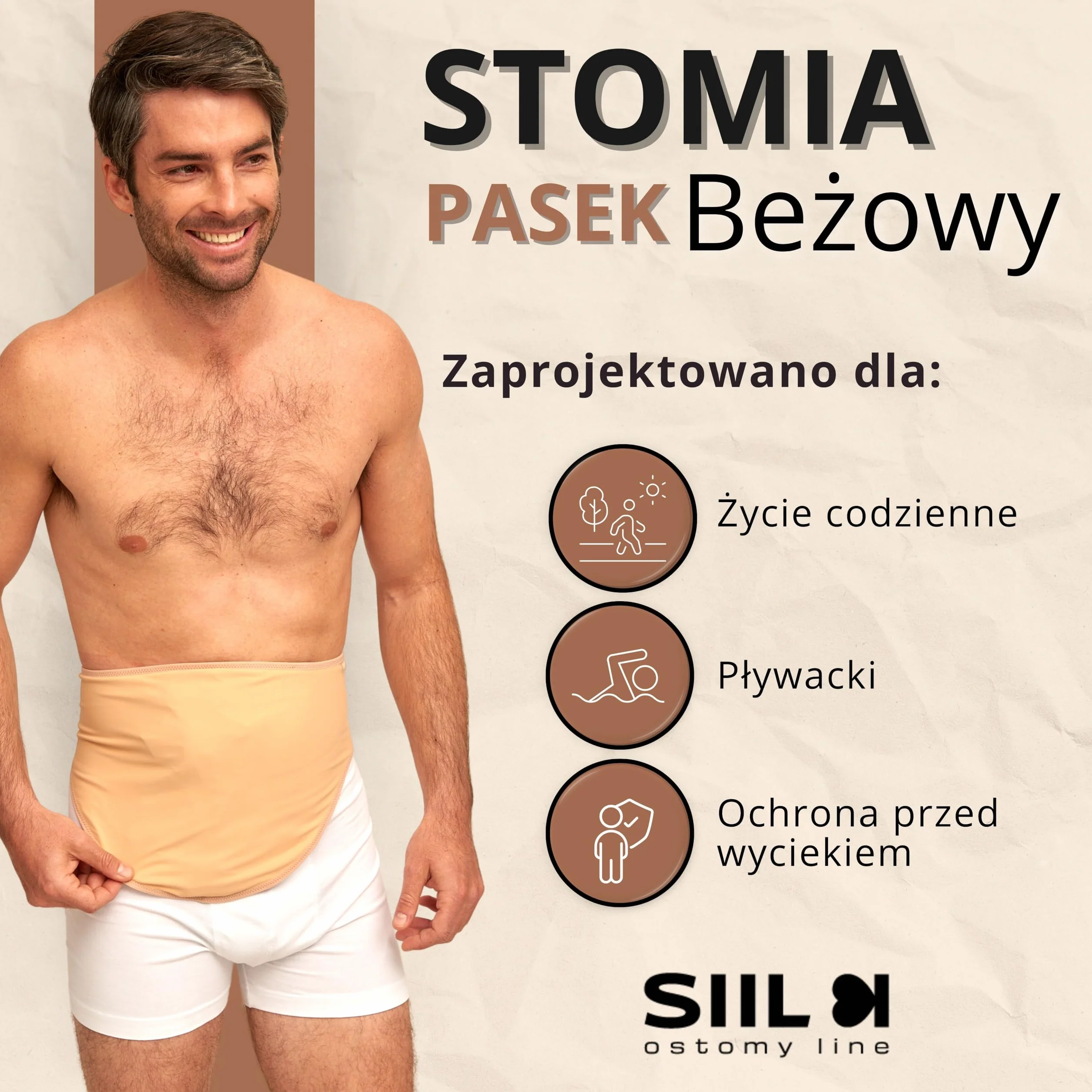 SIIL Pas stomijny Mężczyźni i kobiety beżowy, Osłony na worki stomijne Do Sporty i pływanie, Kompatybilne do Ileostomia, Urostomia Osłona na worek kolostomijny. Zrobione w EU