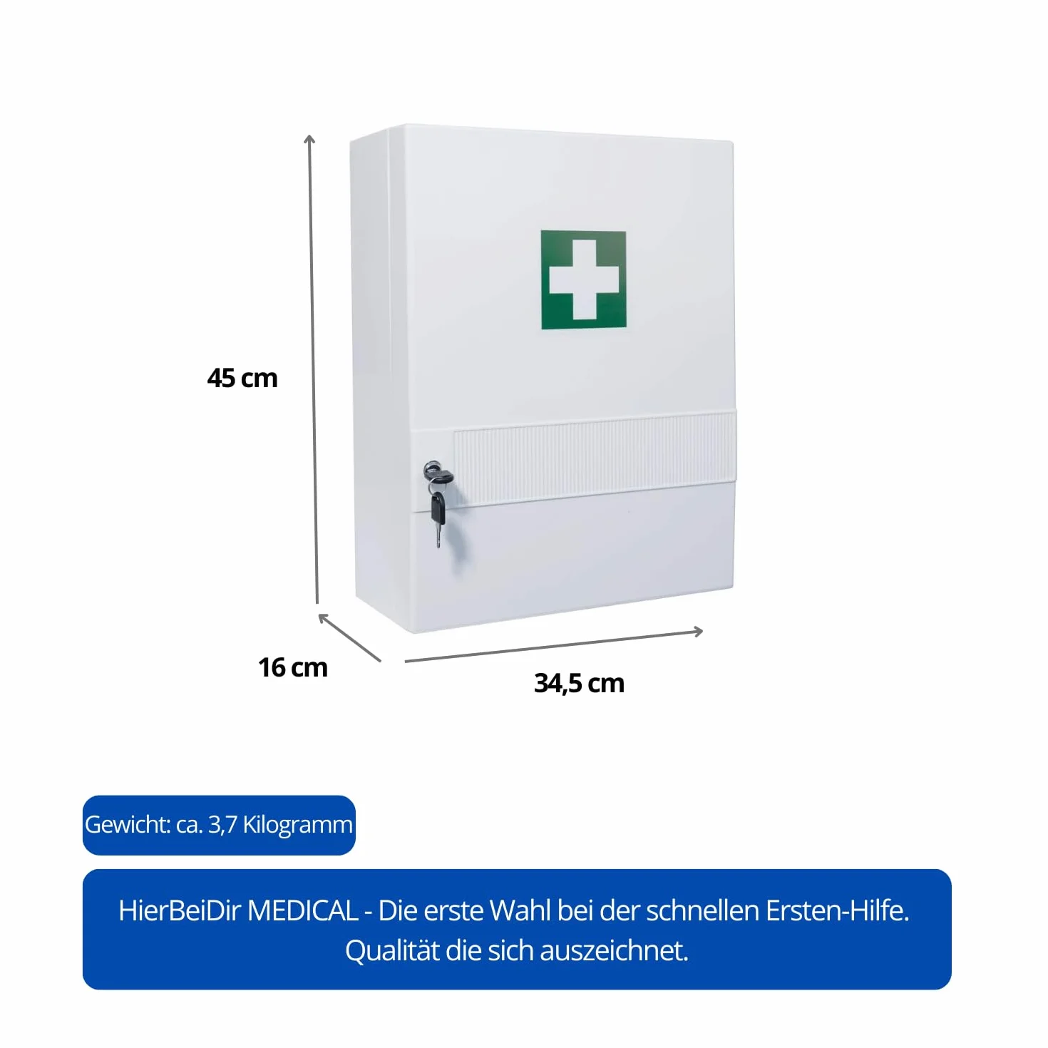 Apteczka pierwszej pomocy z DIN 13157, szafka medyczna z tworzywa sztucznego, 10 przegródek (4 wyjmowane), zamek bezpieczeństwa – 45 x 34,5 x 16 cm – wytrzymała i kompaktowa – do zawieszenia, w