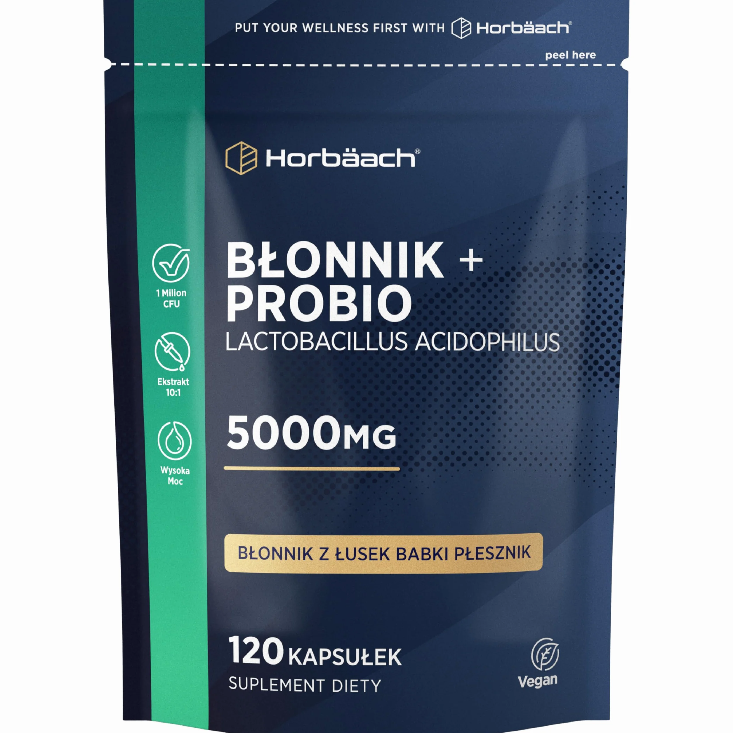 Błonnik z ProBio Kapsułki 5000mg | Wysokiej Mocy Z Łusek Babki Płesznik | Naturalny Suplement z Rozpuszczalnym Błonnikiem i Probio Lactobacillus Acidophilus | 120 Kapsułek Wegańskich | marki Horbaach