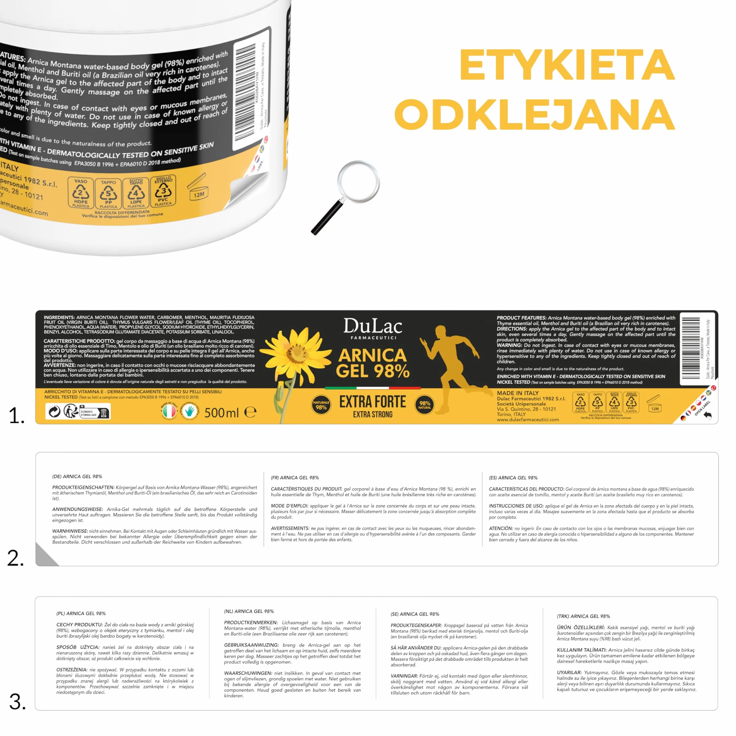 DuLàc, Żel z Arniką 98% z Olejkiem Buriti, Tymiankiem i Mentolem, Odpowiedni do Masażu Skóry Mięśni i Stawów, Testowany Dermatologicznie, Testowany na Nikiel, Wyprodukowany we Włoszech, 500 ml