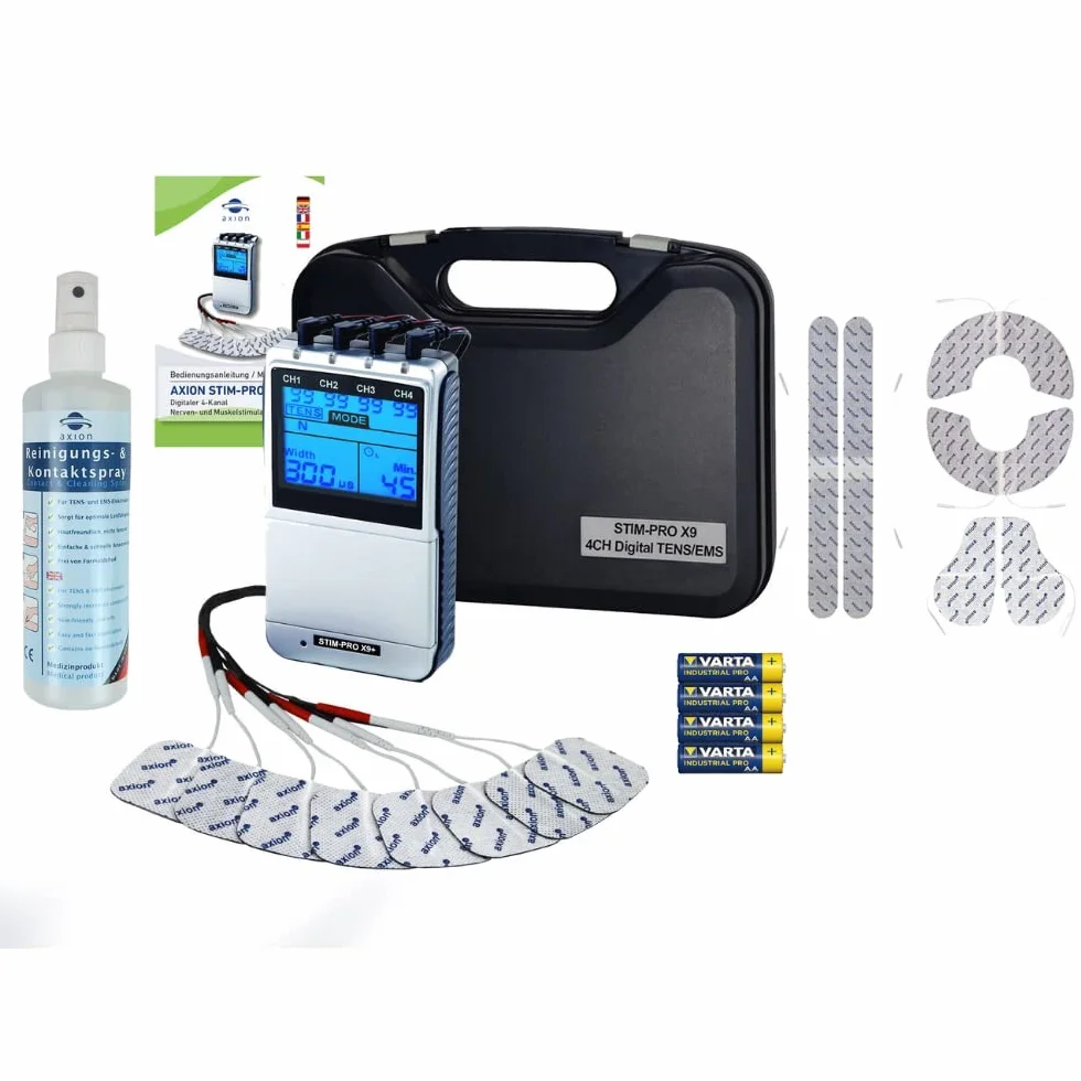 TENS-EMS STIM-PRO X9+ 4 kanałowe urządzenie combi w zestawie z 8 szt. 5x5 cm, specjalnymi elektrodami & sprayem kontaktowym | terapia bólu, wzmacnianie mięśni i masaż | certyfikowany. Wyrób medyczny