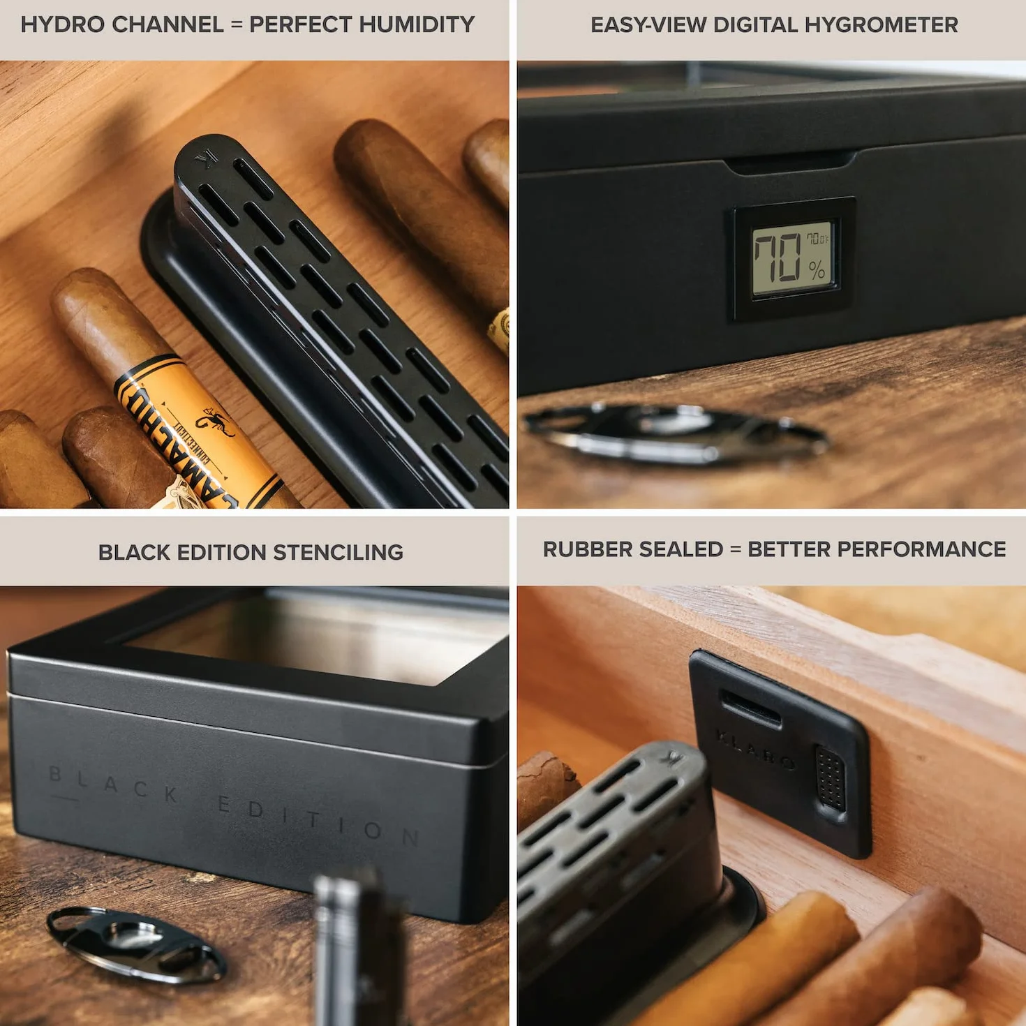 CASE ELEGANCE MAG Humidor, szklany blat z uszczelką magnetyczną, do przechowywania 20-30 cygar, czarny matowy z niestandardowym polerowanym czarnym sprzętem, higrometr cyfrowy, cedr hiszpański, nowy