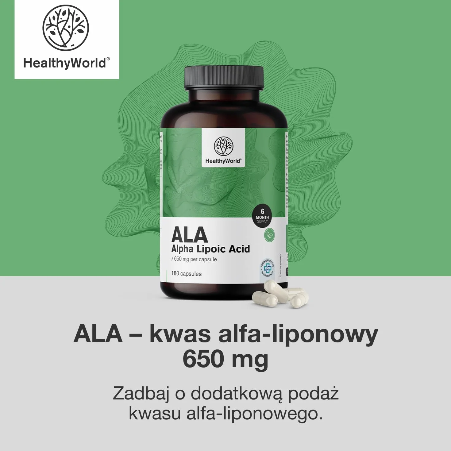 HealthyWorld ALA – Kwas Alfa-Liponowy – 650 mg w Dziennej Porcji – 180 Kapsułek Roślinnych – Zwiększenie Energii – 6-Miesięczny Zapas – Świetna Przyswajalność