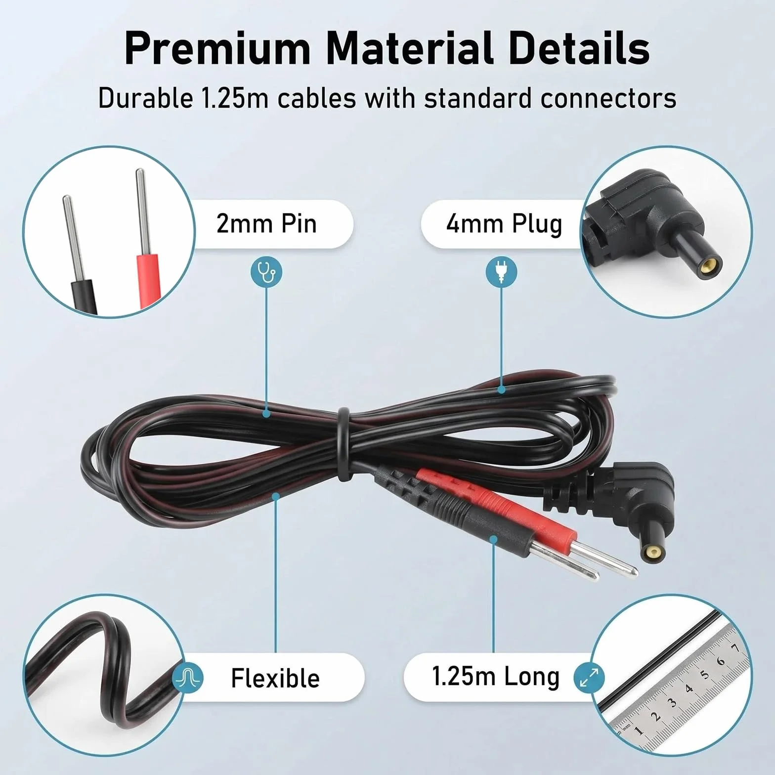 TENS EMS 4-częściowy kabel wtykowy 2 mm, elastyczny kabel elektrodowy 1,25 m do elektroterapii