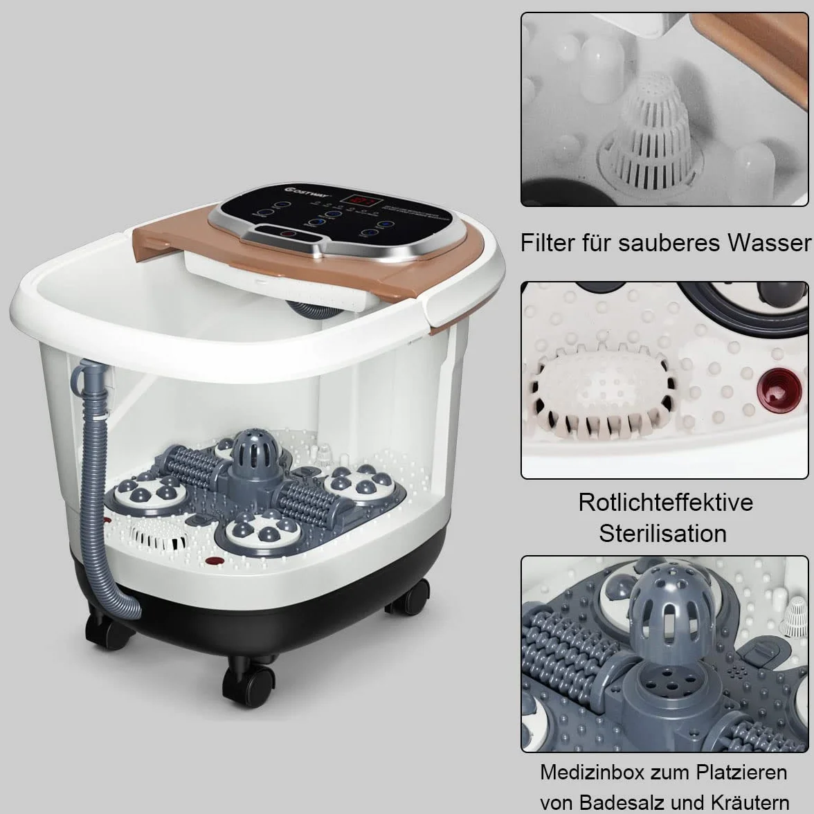 COSTWAY Shiatsu masażer do stóp z kółkami, elektryczne urządzenie do masażu stóp, Shiatsu, masażer stóp, spa, 10-60 min, timer 35-48℃, 500 W (brązowy)