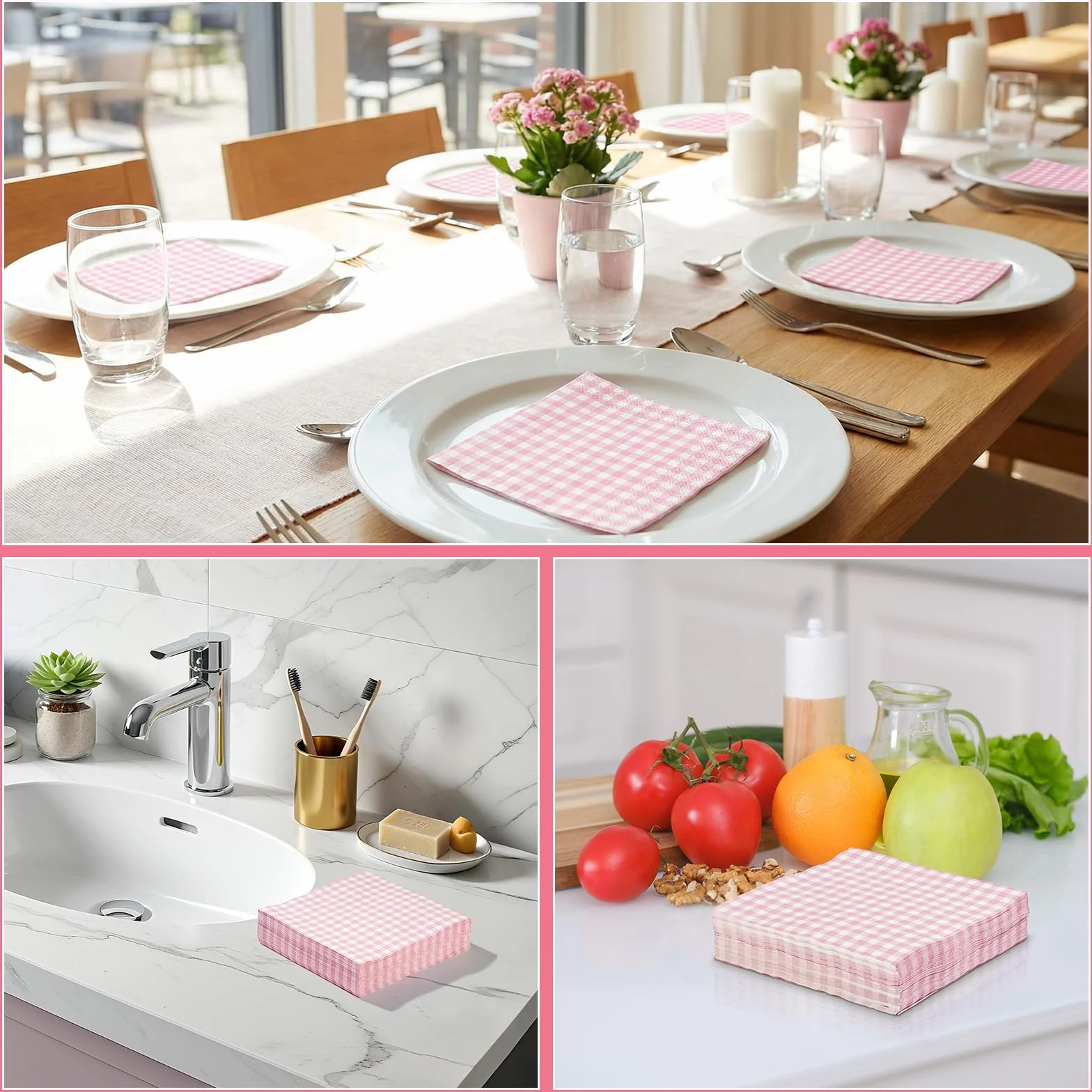 Różowe papierowe serwetki w kratkę 16,5 cm 2-warstwowe jednorazowe na wesela baby shower