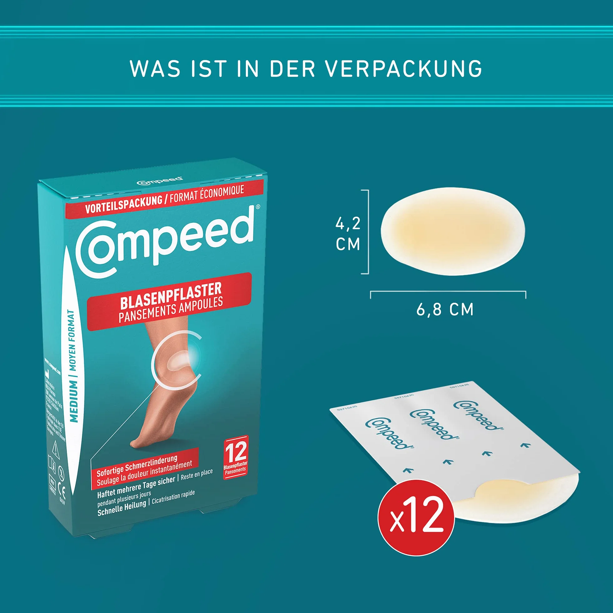Compeed Plastry na pęcherze, średnie, ekonomiczne opakowanie – plastry hydrokoloidowe przeciwko pęcherzom na piętach, 1 x 12 sztuk