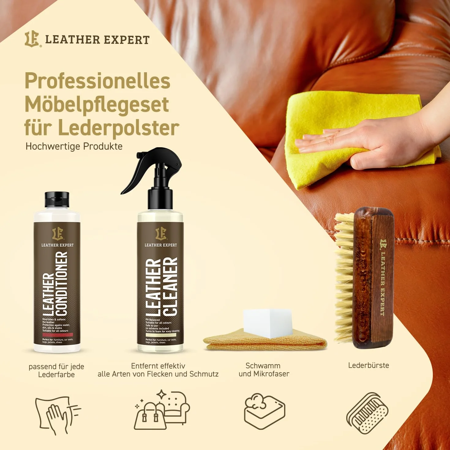 Leather Expert Leather Cleaner 250 ml + Leather Care 250 ml Zestaw do pielęgnacji mebli - Pielęgnacja imitacji skóry ze szczotką, gąbką i ściereczką z mikrofibry