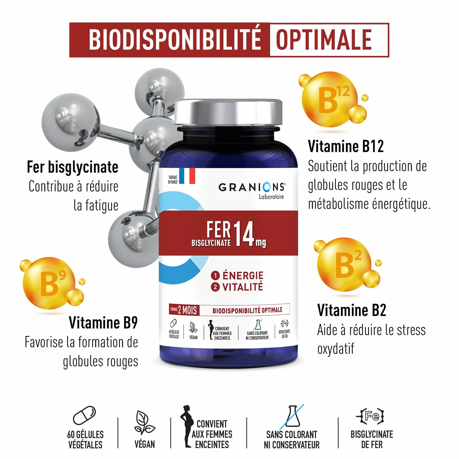 Bisglycinate żelaza 14 mg + Witamina B 60 kapsułek Energia i witalność Optymalna biodostępność