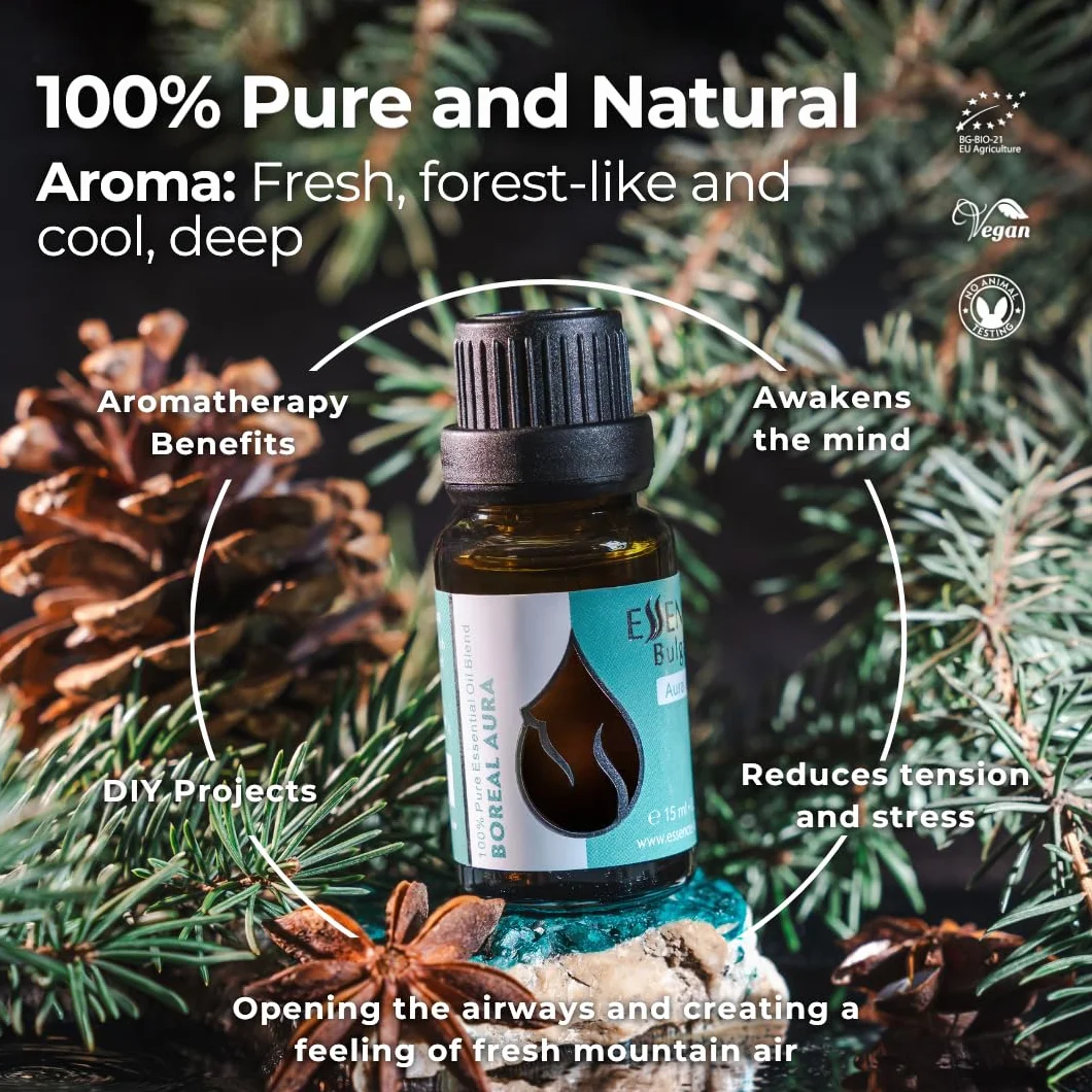 Mieszanka olejków eterycznych Essences Bulgaria Boreal Aura 15 ml | Jodła, sosna, świerk, anyż gwiaździsty, cedr | Aromaterapia, sauna i SPA | 100% czysty, nierozcieńczony