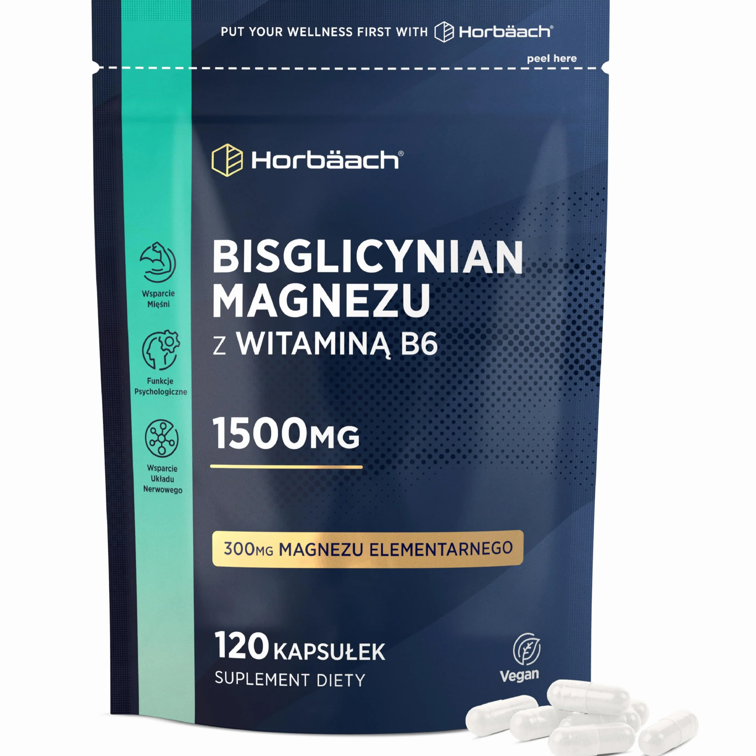 Glicynian Magnezu 1500 mg + Witamina B6 | Bisglicynian Dostarczający 300 mg Czystego Magnezu Elementarnego | 120 Kapsułek | 100% Wegańskie | marki Horbaach