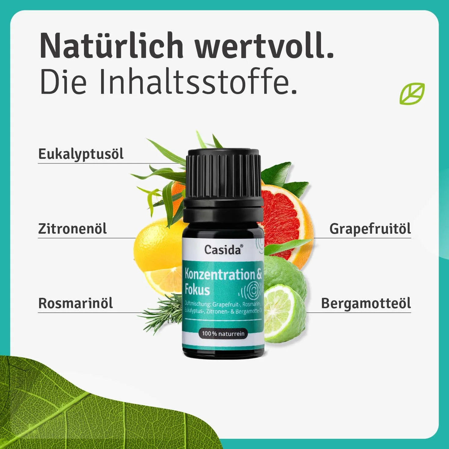 Casida® Mieszanka Koncentracji i Fokus - z olejków eterycznych naturalnych - grejpfrutowego, rozmarynowego, eukaliptusowego, cytrynowego i bergamotkowego - dla lepszej koncentracji - jakość apteczna - 5 ml