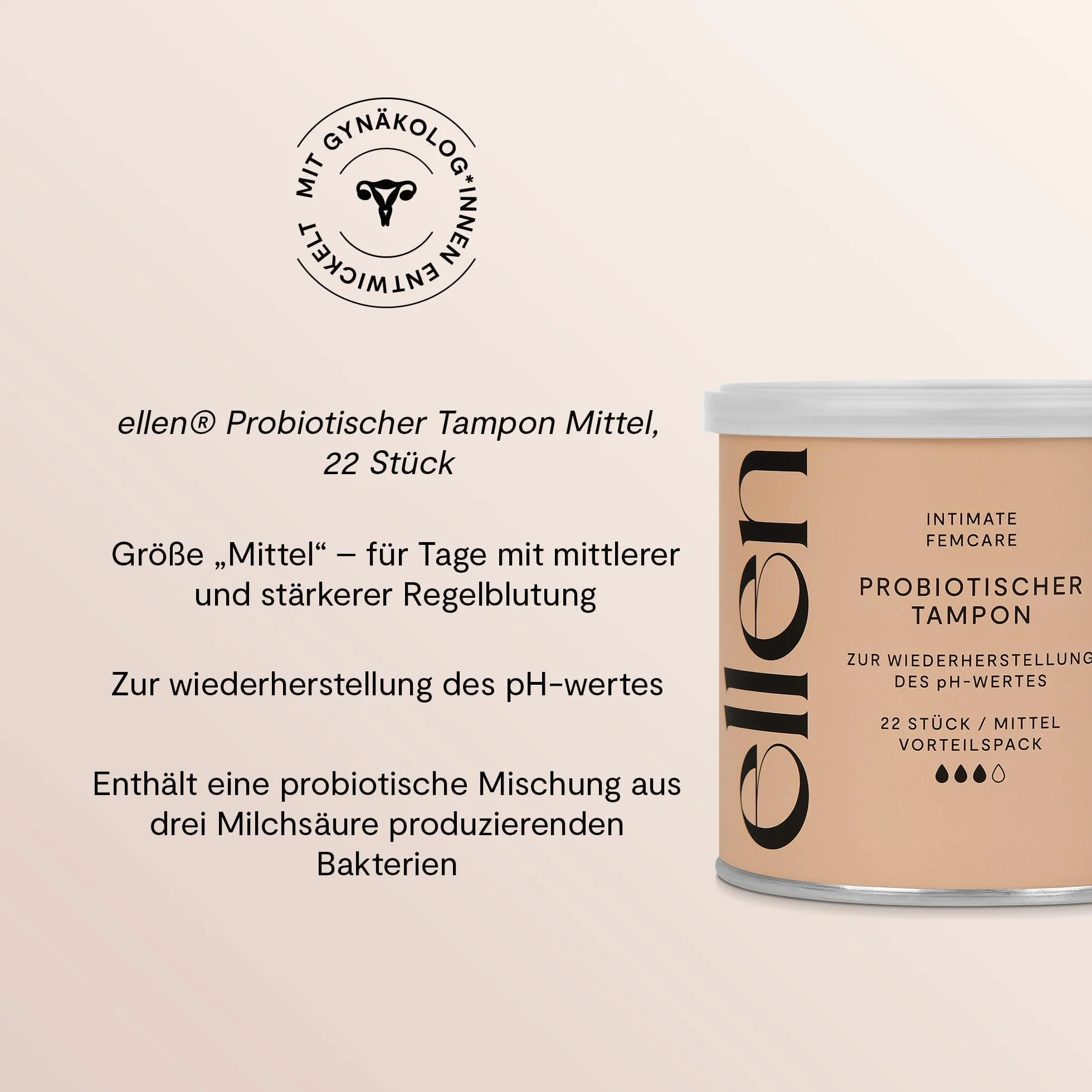 Tampony probiotyczne Normal, 22 sztuki – ellen® tampony wzbogacone probiotykami – delikatna pielęgnacja dla zdrowia pochwy, opakowanie ekonomiczne