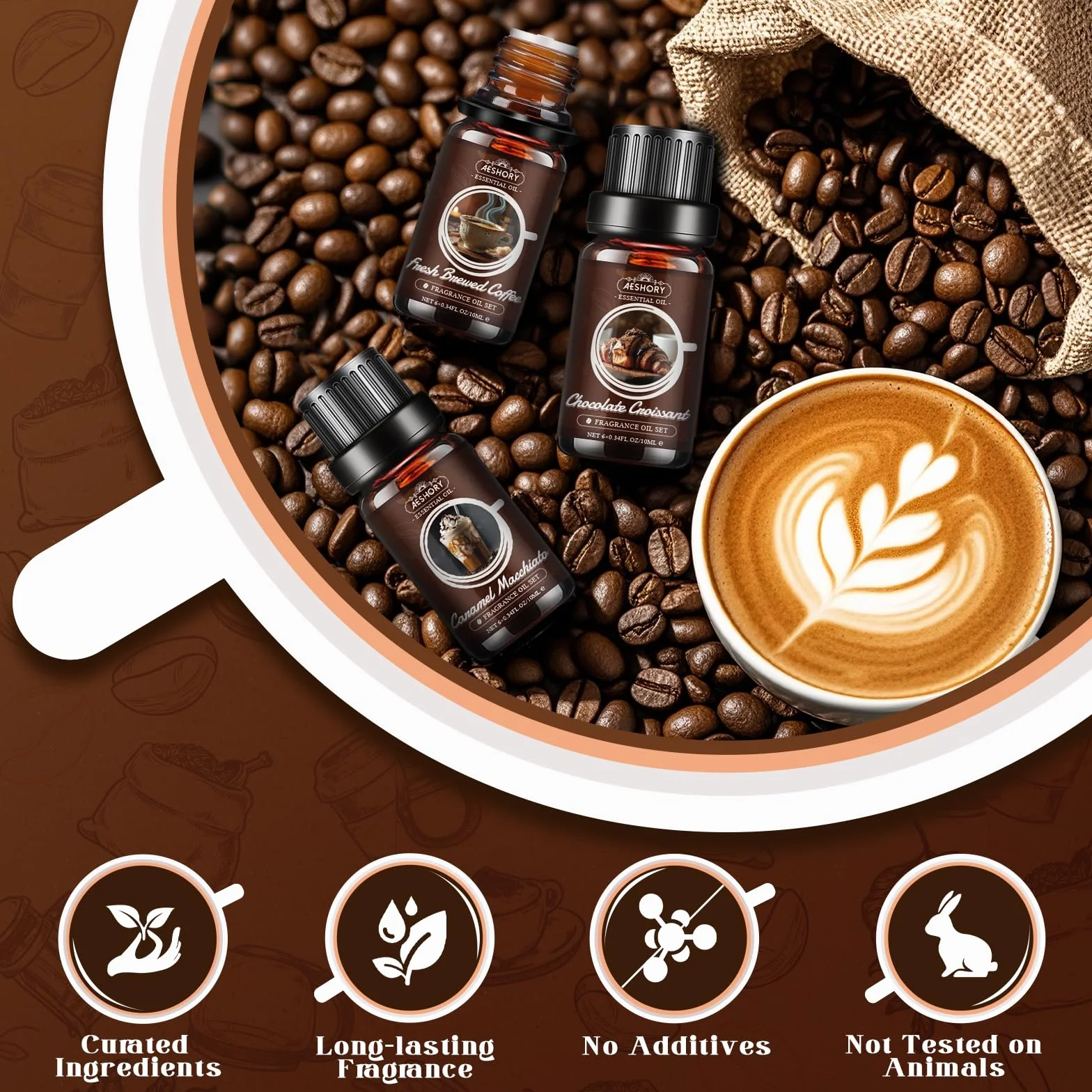 Aeshory Zestaw Olejków Eterycznych Do Kawy, 6 x 10 ml Olejków Do Dyfuzora Zapachowego, Olejki Zapachowe Do Wyrobu Świec – Świeżo Parzona Kawa, Waniliowe Latte, Karmelowe Macchiato, Cynamonowe Moch